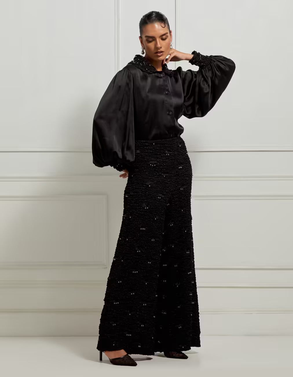 Wide-Leg Smocked Satin Pants In Black