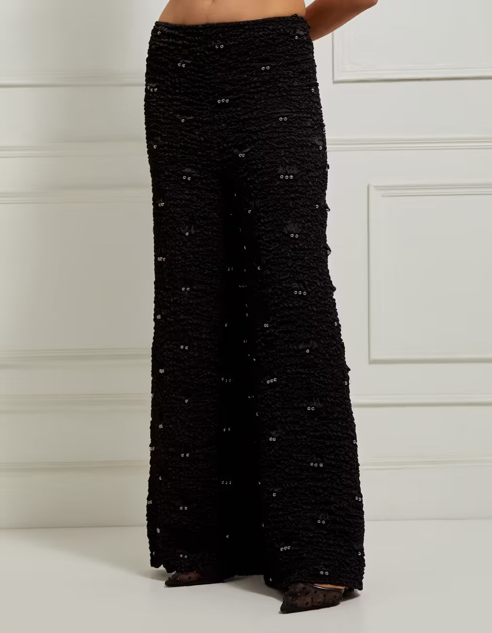 Wide-Leg Smocked Satin Pants In Black