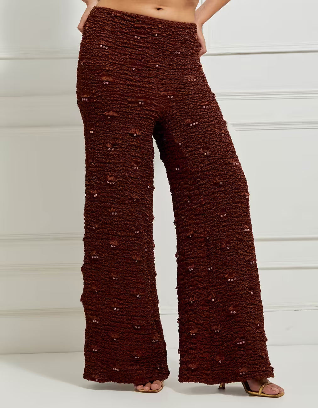 Wide-Leg Smocked Satin Pants In Brown