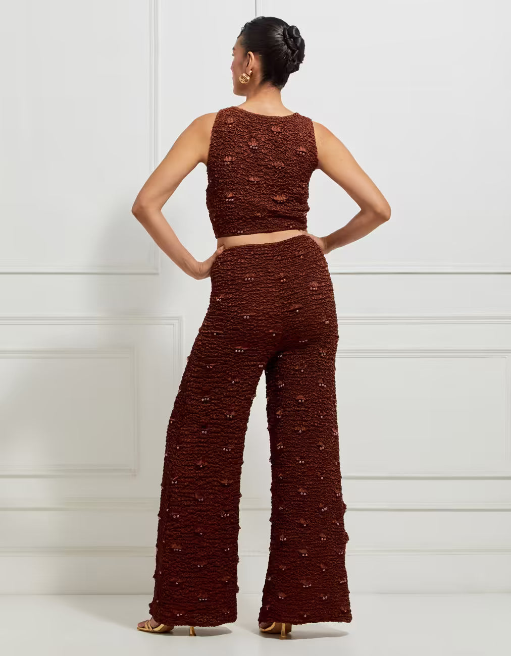 Wide-Leg Smocked Satin Pants In Brown