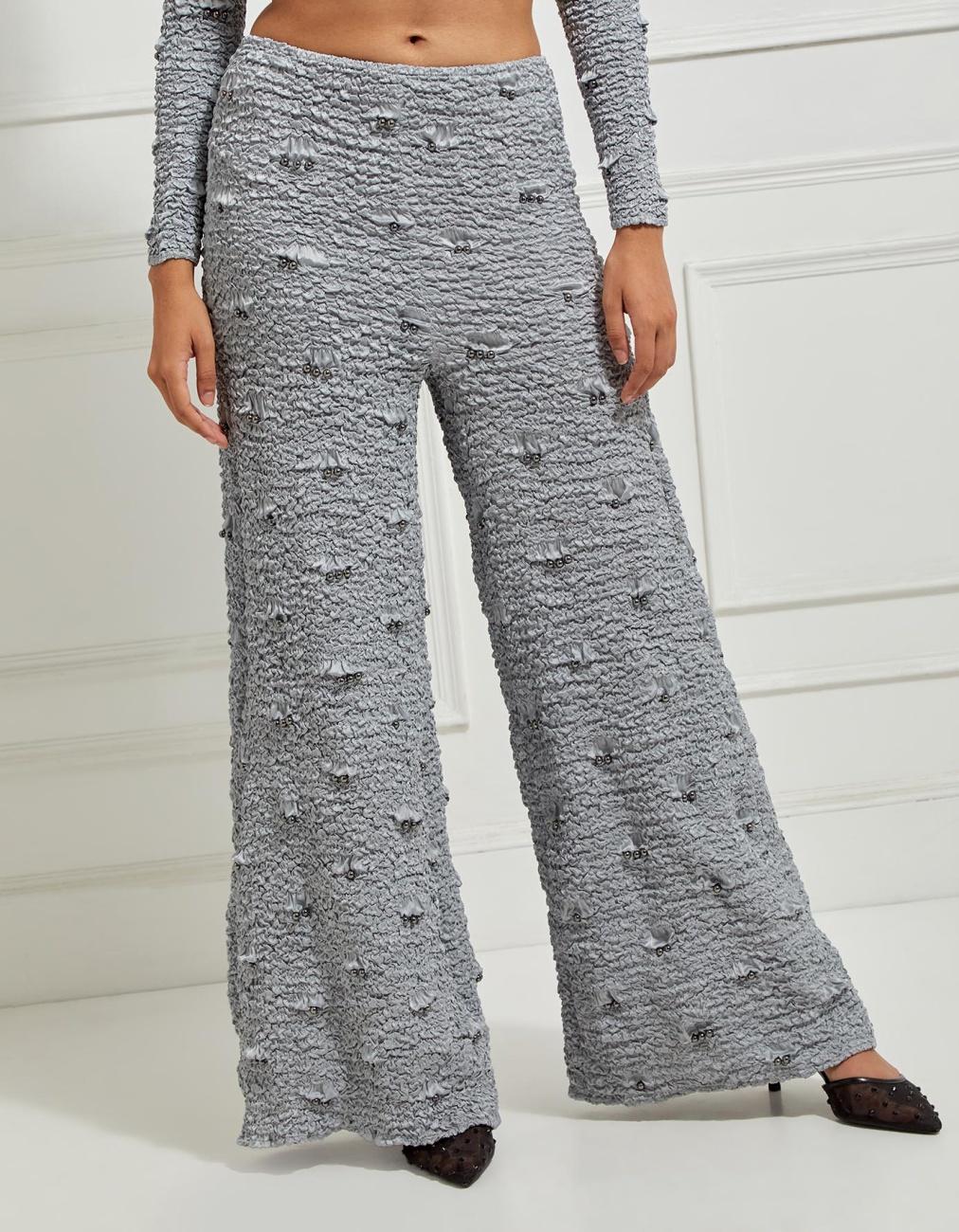 Wide-Leg Smocked Satin Pants In Silver