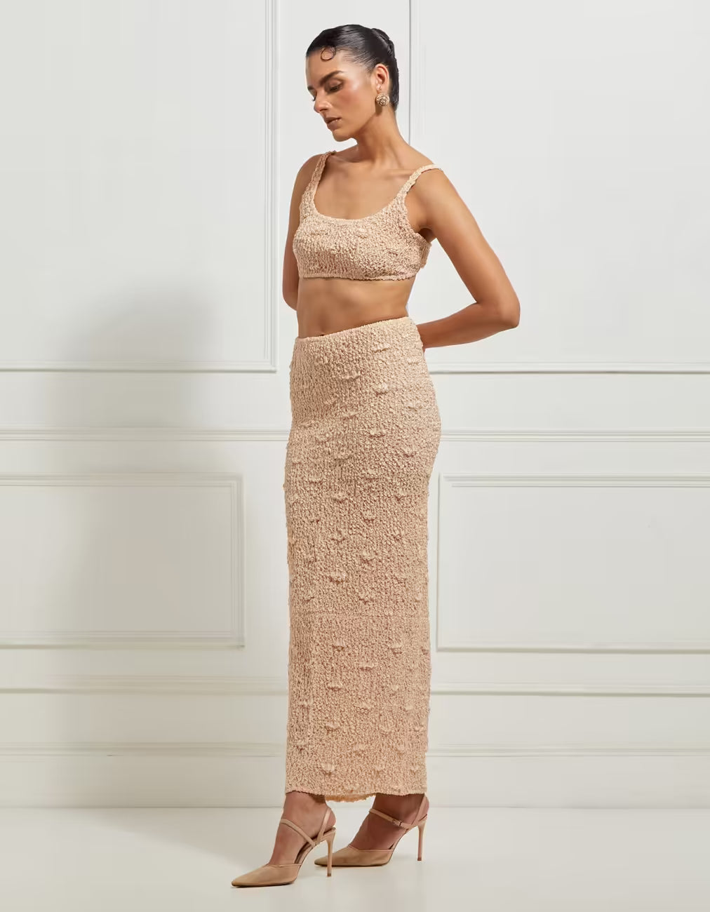 Wave Smocked Pencil Skirt In Beige