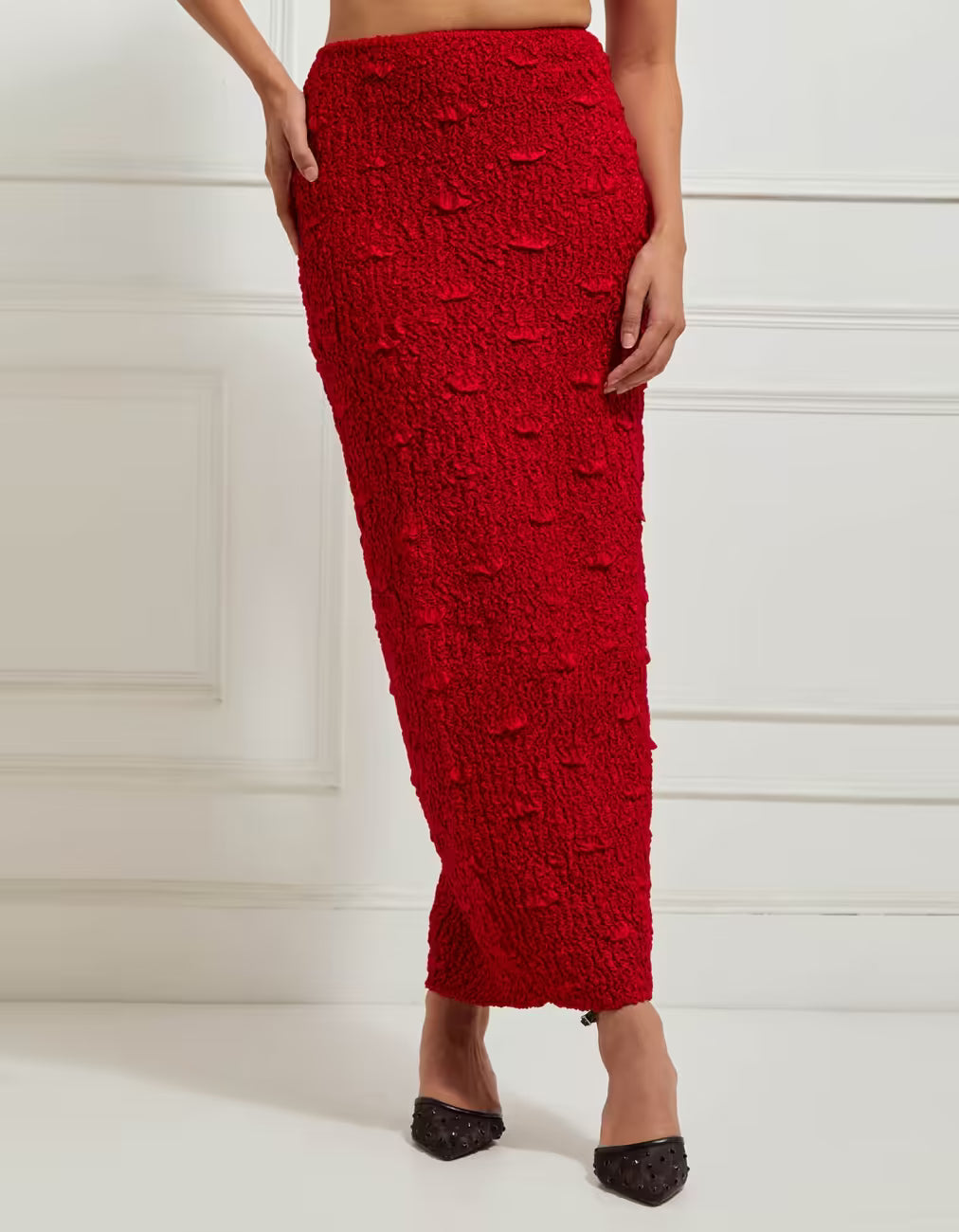 Wave Smocked Pencil Skirt In Red