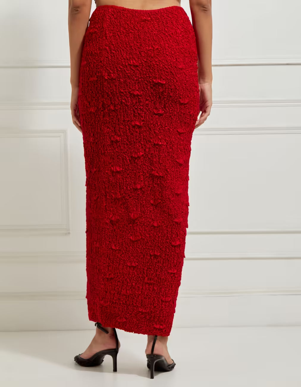 Wave Smocked Pencil Skirt In Red