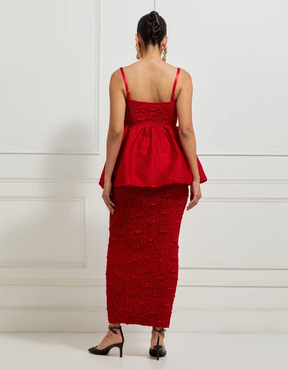 Wave Smocked Pencil Skirt In Red