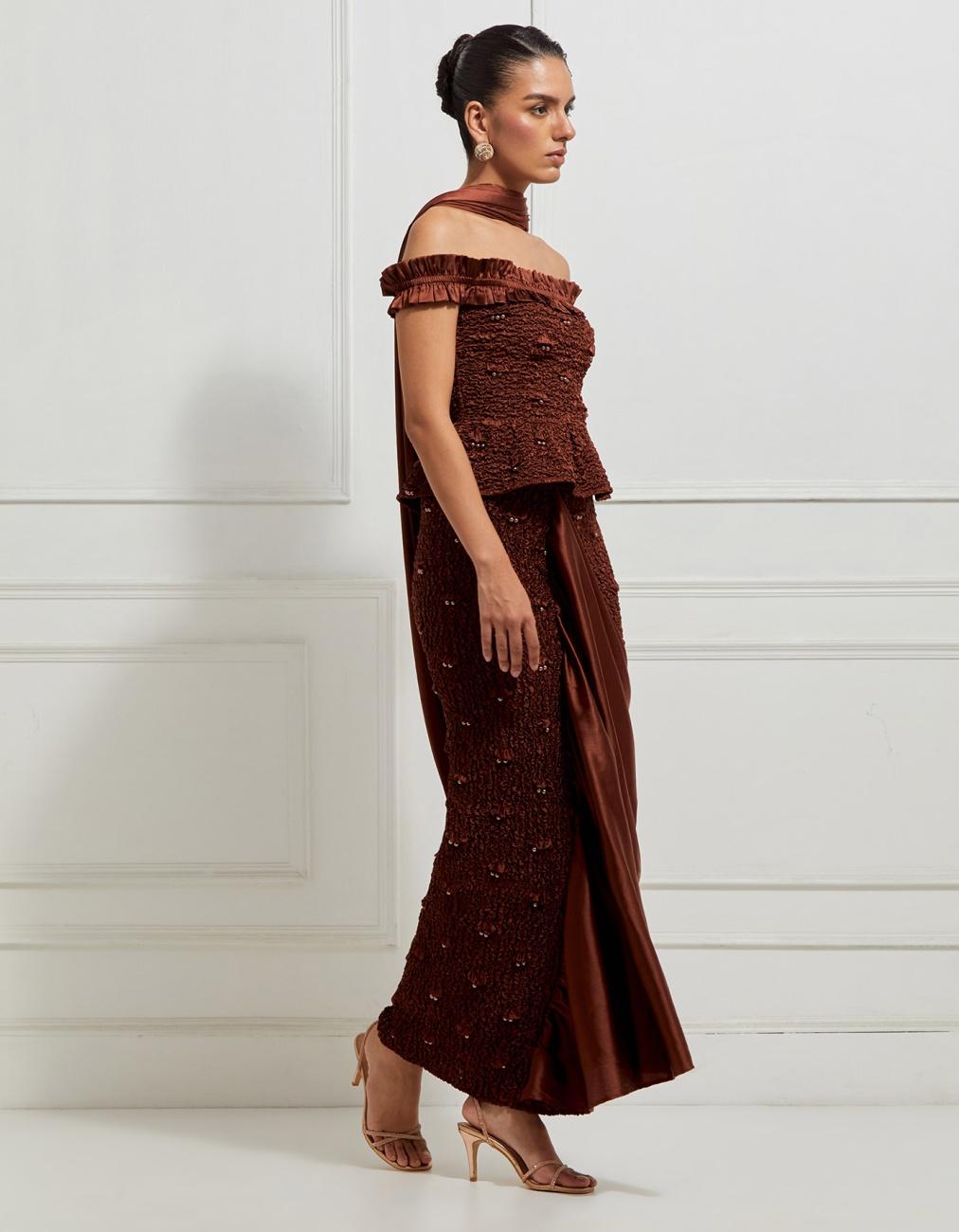 Smocked Skirt Concept Sari In Brown