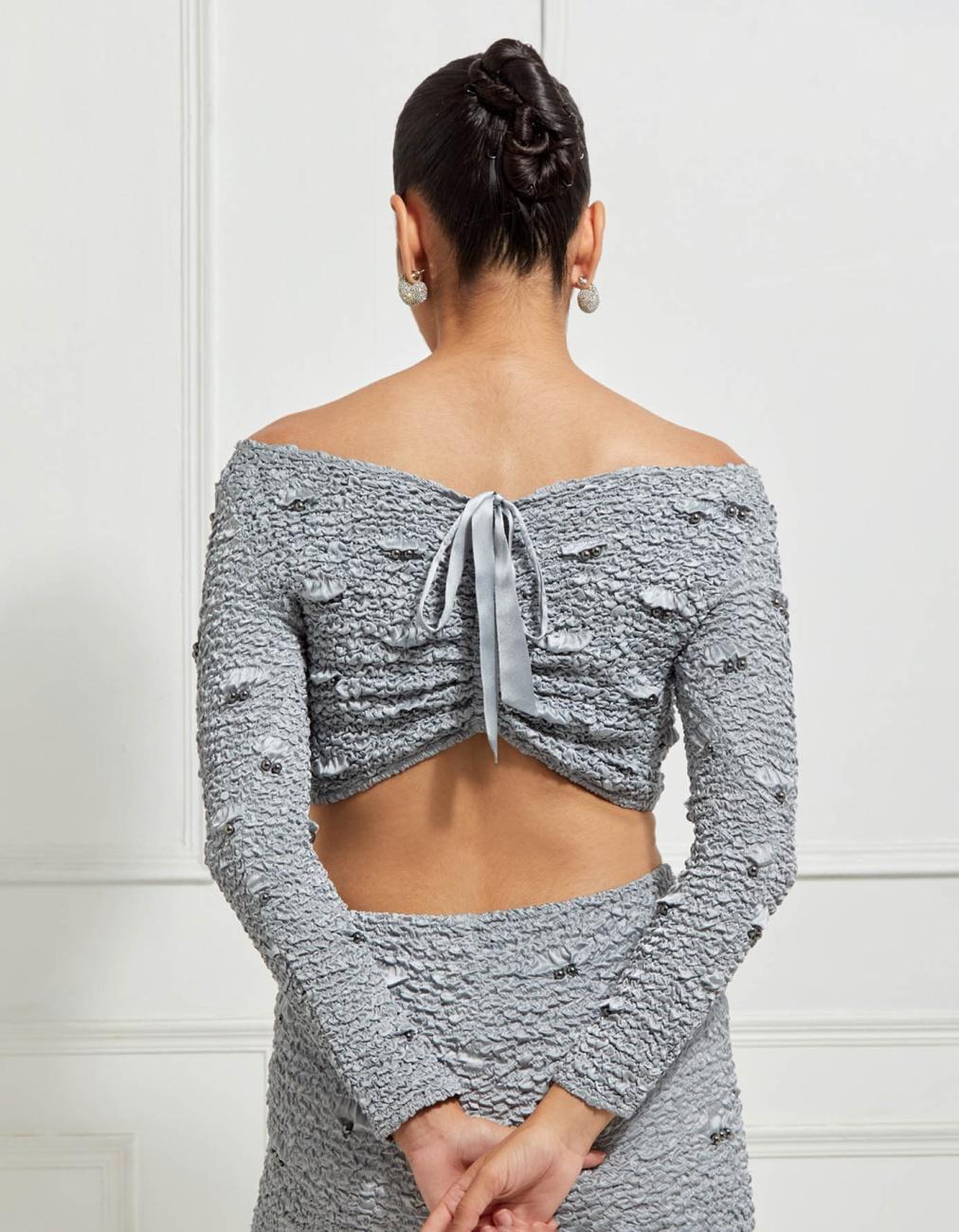 Boat-Neck Reversible Cropped Top In Silver