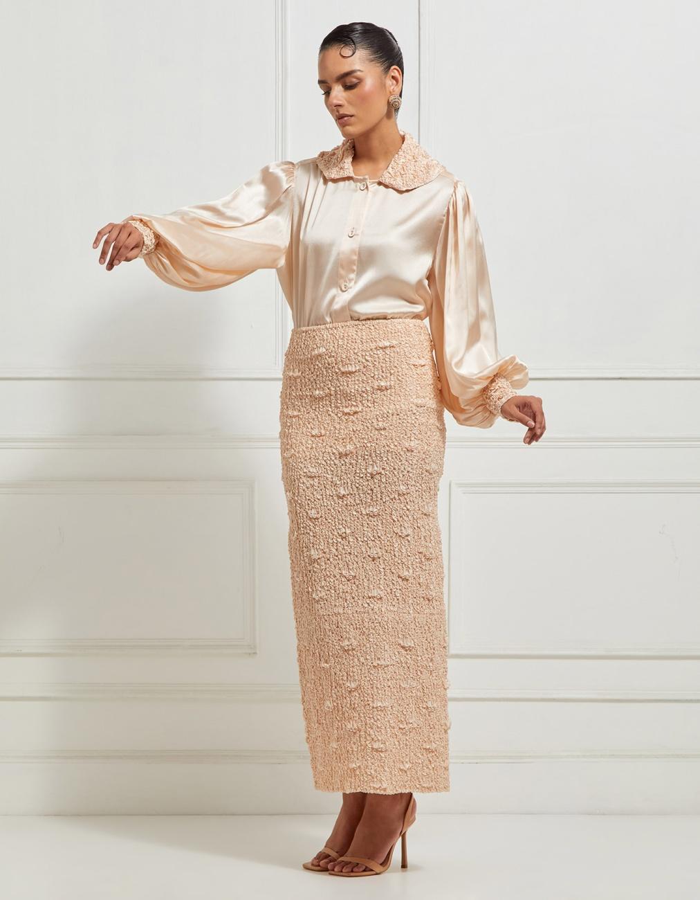 Signature Hex Collar Top With Bishop Sleeves In Beige