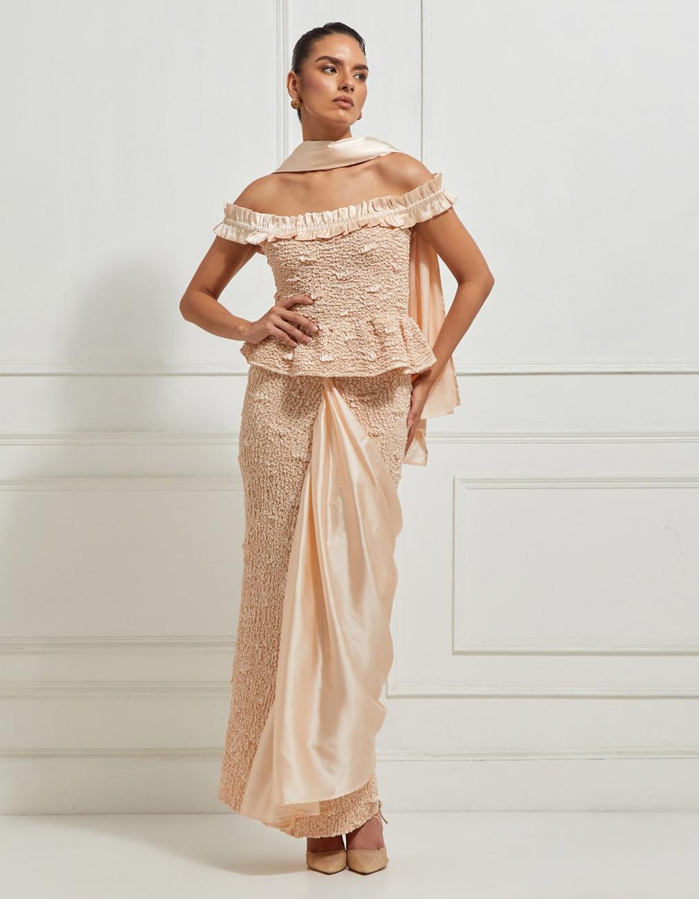 Off-Shoulder Ruffled Peplum Top In Beige