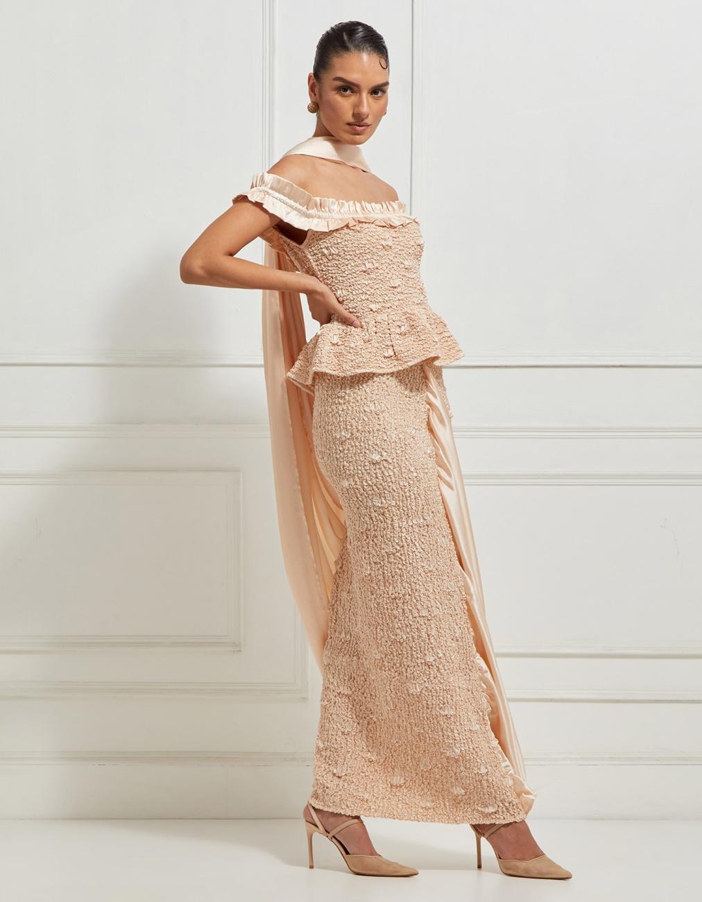 Off-Shoulder Ruffled Peplum Top In Beige