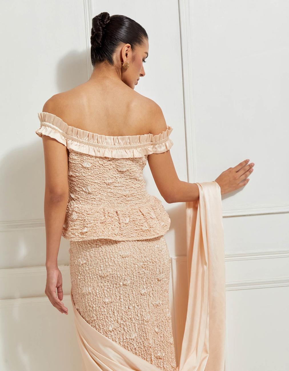 Off-Shoulder Ruffled Peplum Top In Beige