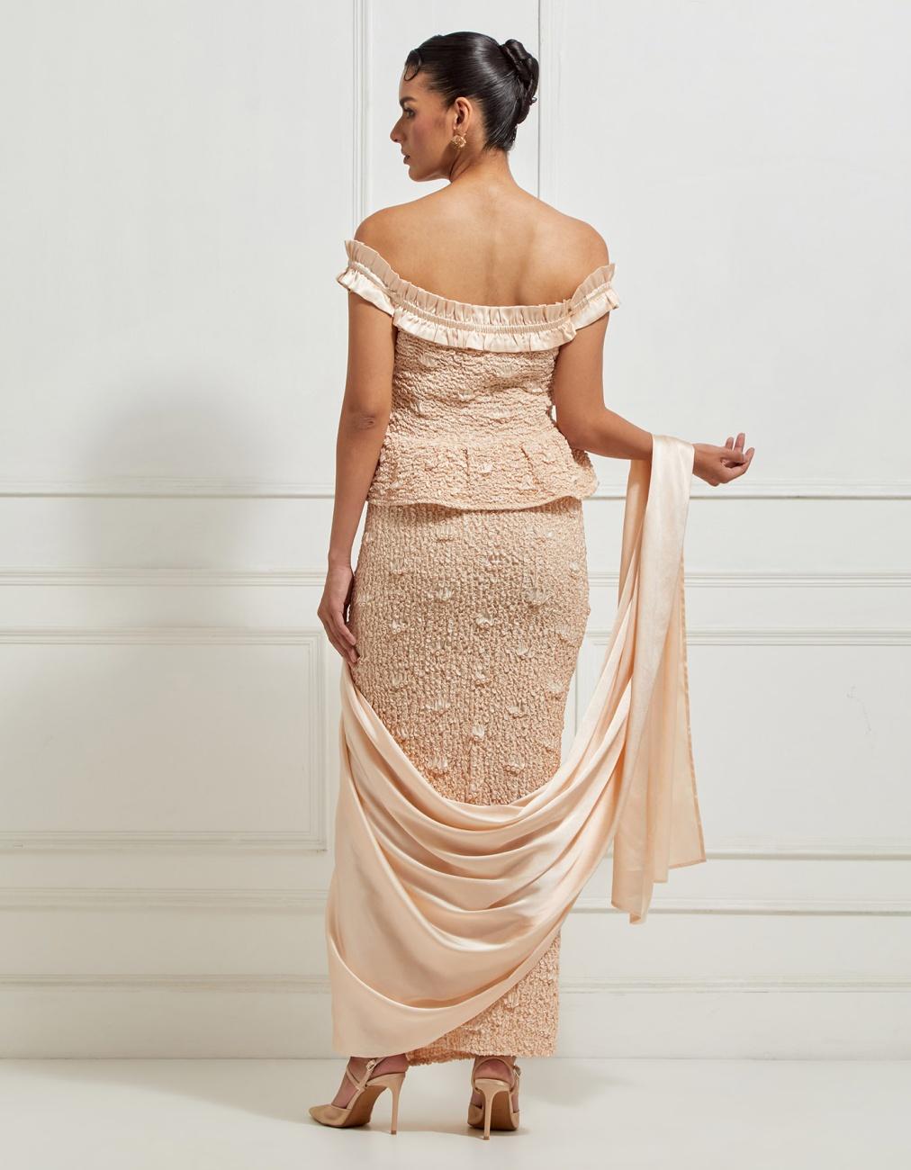 Off-Shoulder Ruffled Peplum Top In Beige