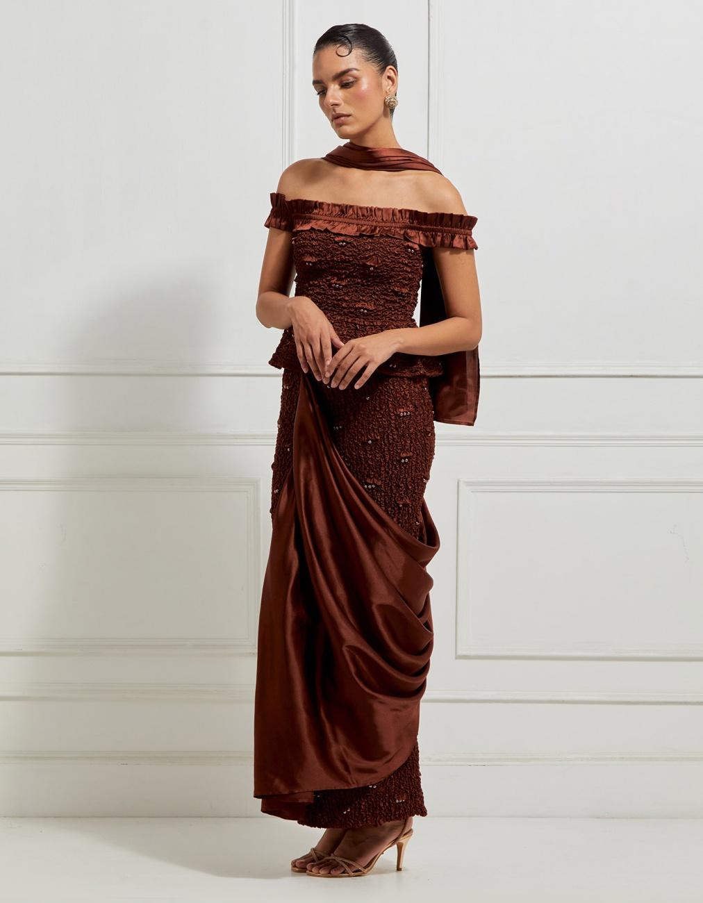 Off-Shoulder Ruffled Peplum Top In Brown