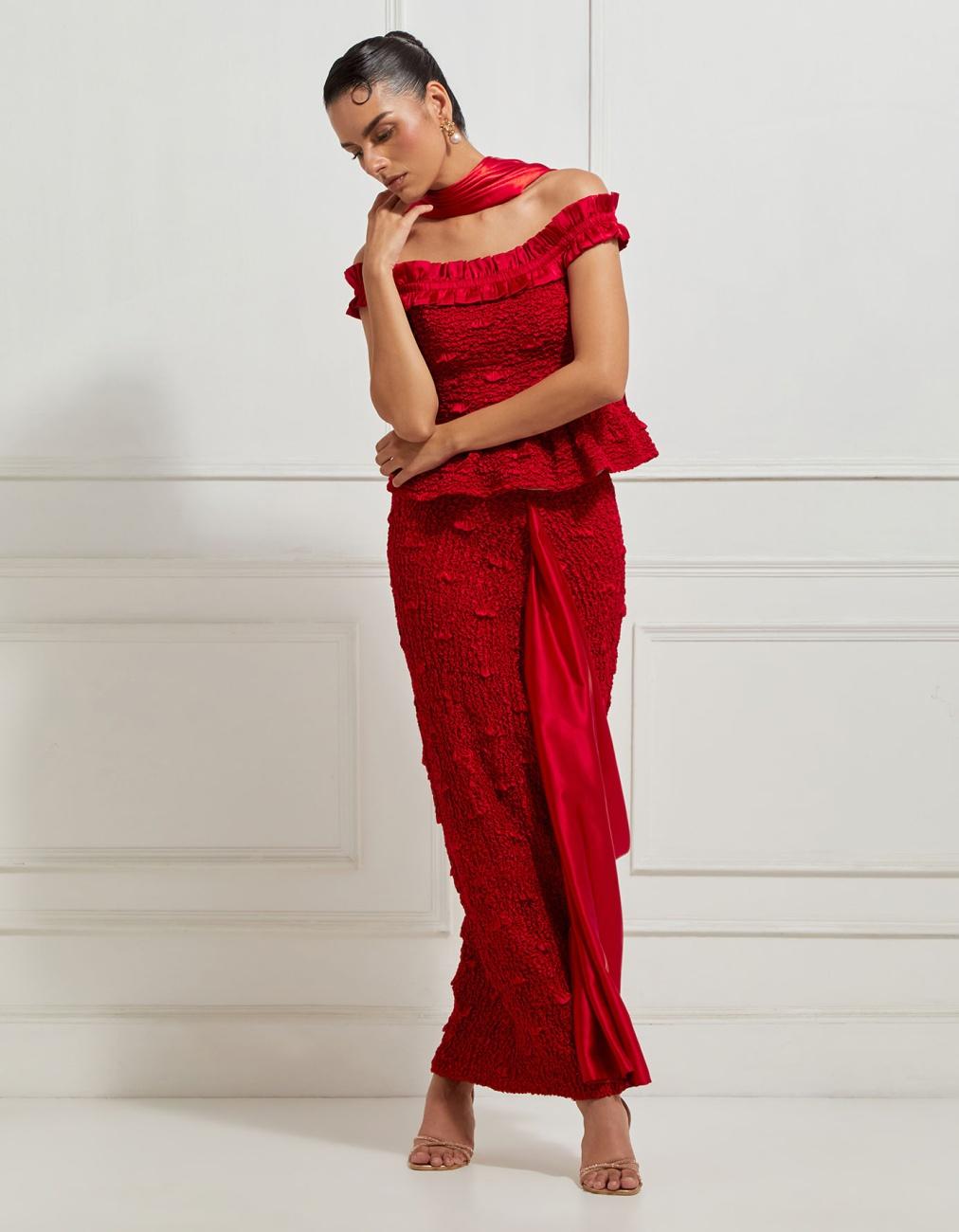 Off-Shoulder Ruffled Peplum Top In Red