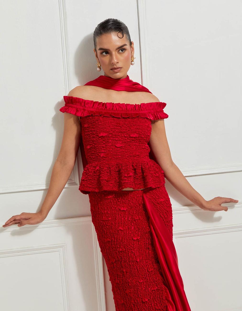 Off-Shoulder Ruffled Peplum Top In Red
