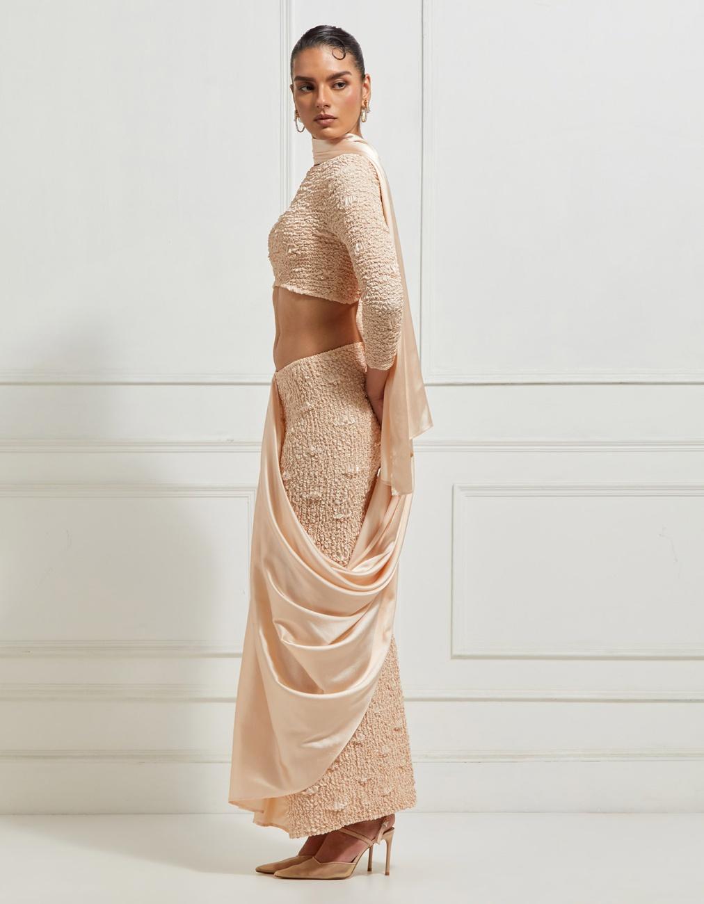 Smocked Skirt Concept Sari In Beige