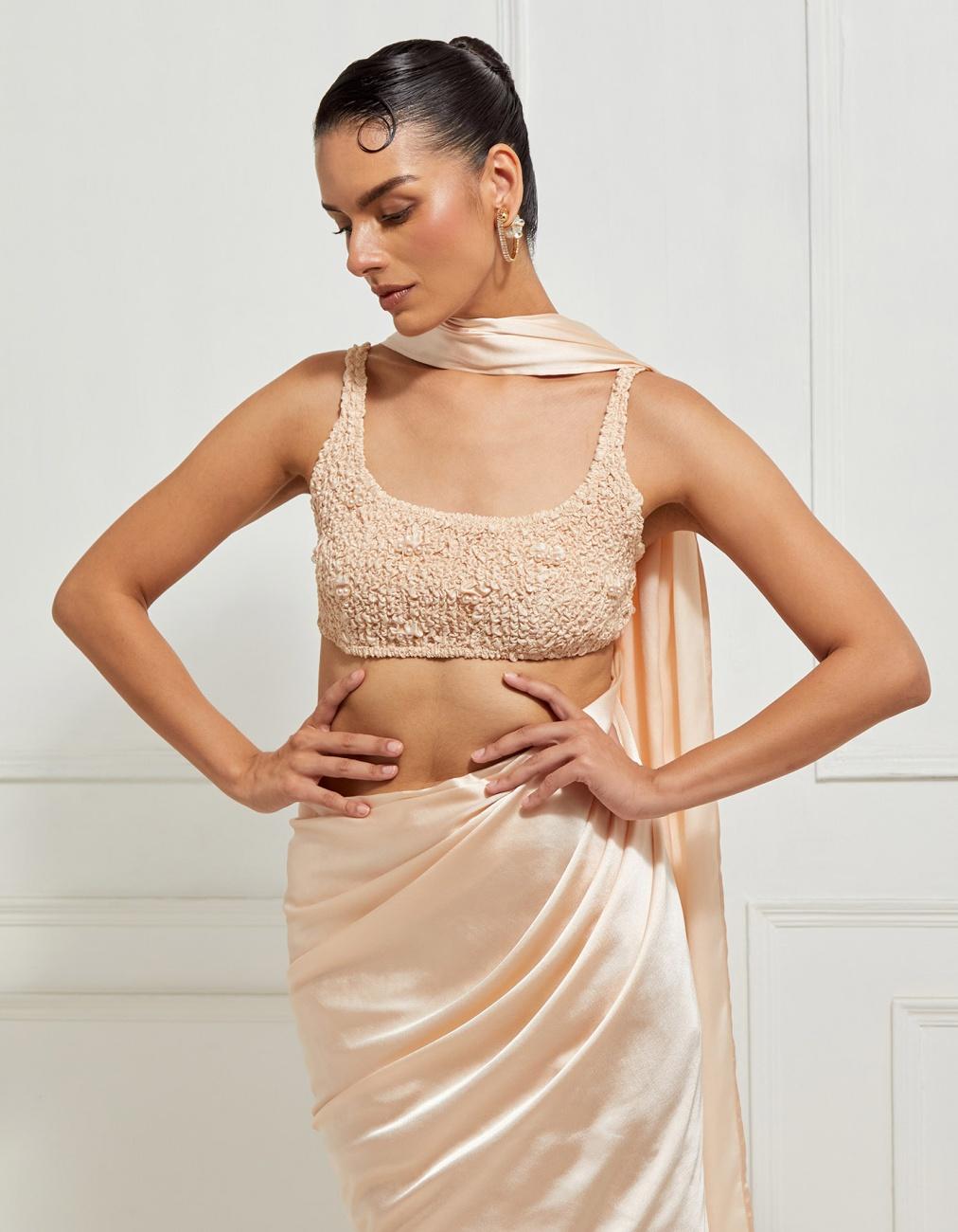 Smocked Skirt Concept Sari In Beige