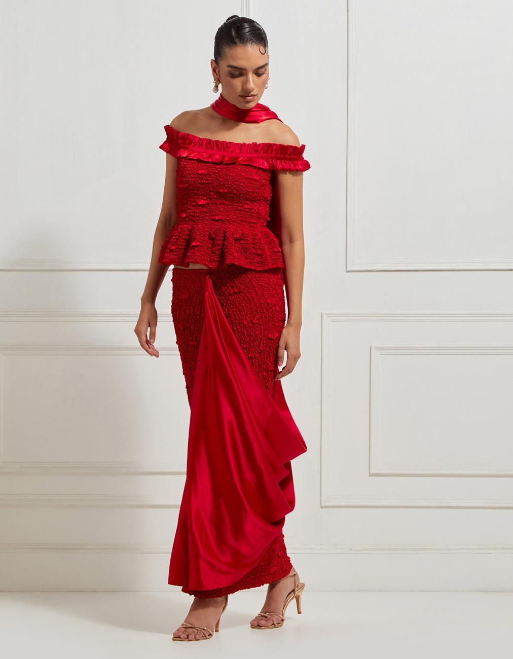 Smocked Skirt Concept Sari In Red