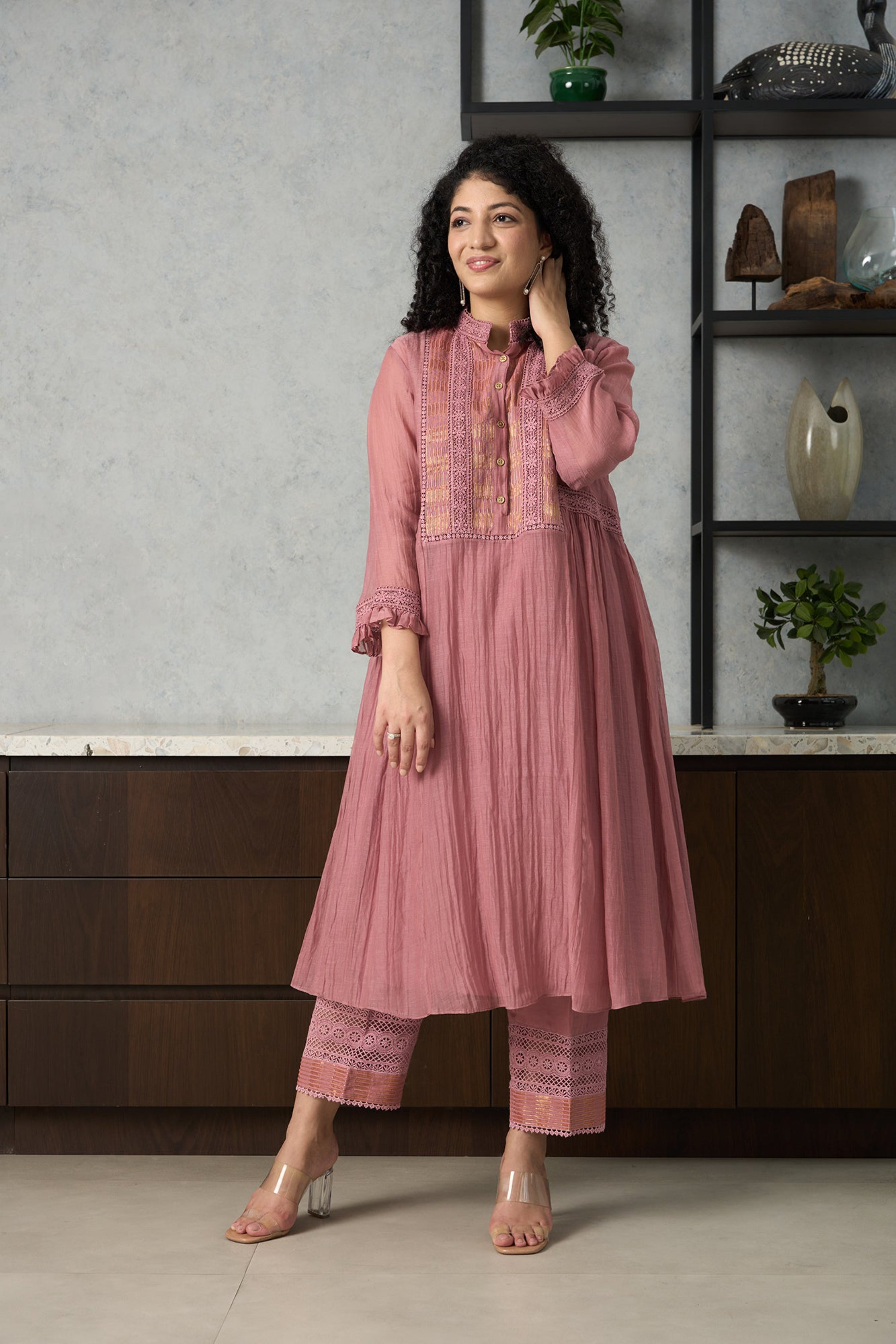 Dusky Pink Chanderi Kurta Set