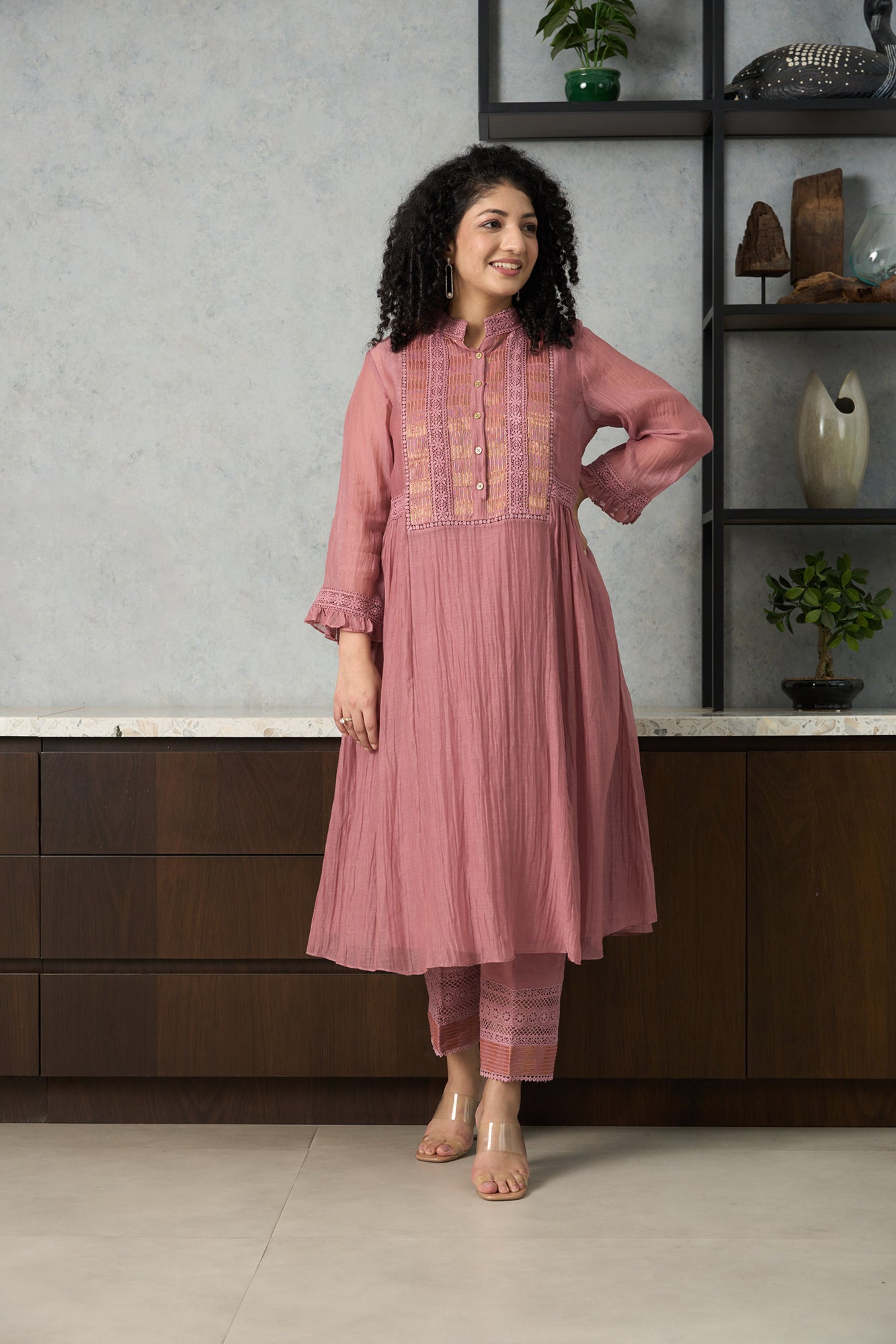 Dusky Pink Chanderi Kurta Set