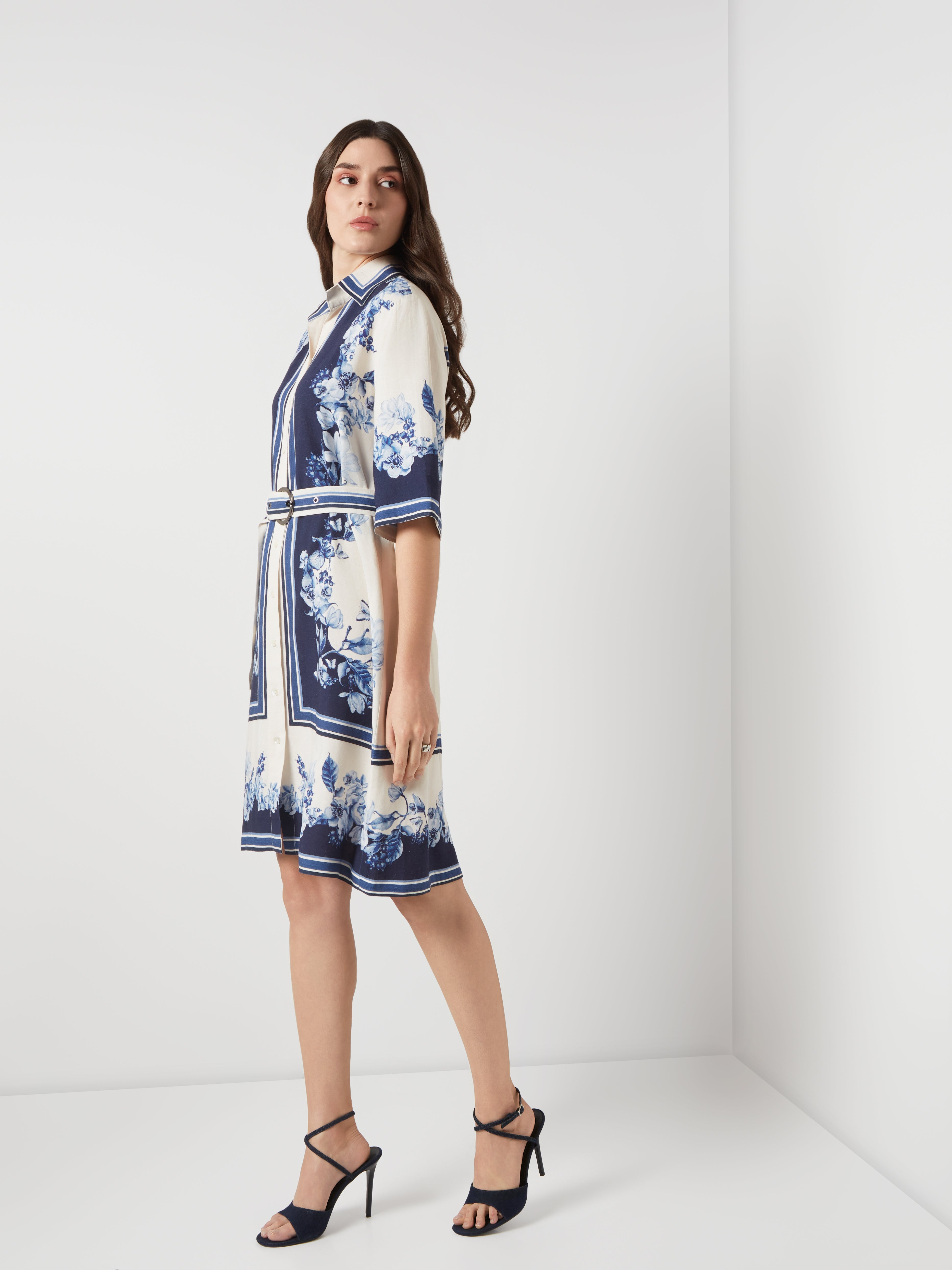 Blue Creame Blocked Shirt Dress