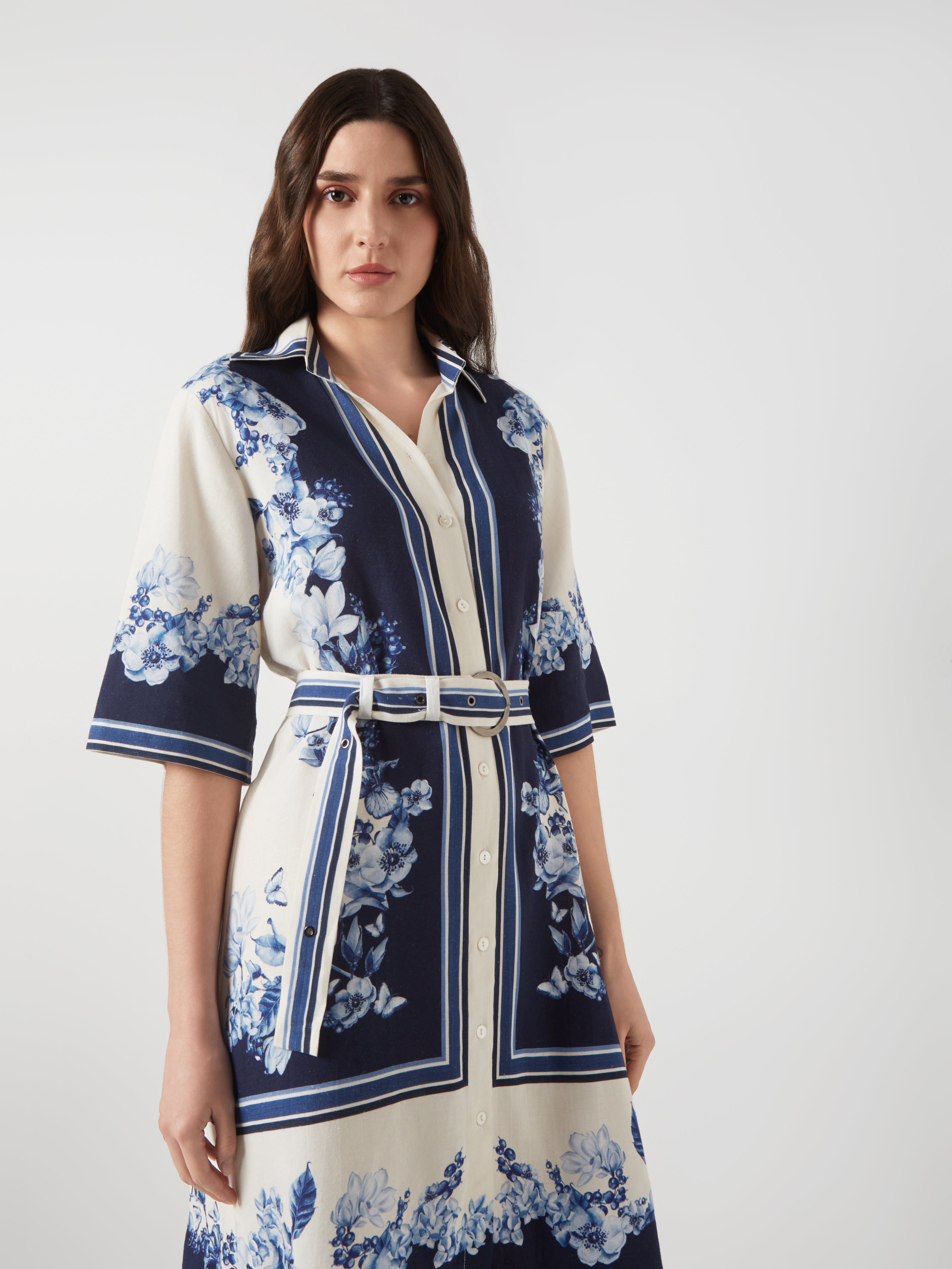 Blue Creame Blocked Shirt Dress