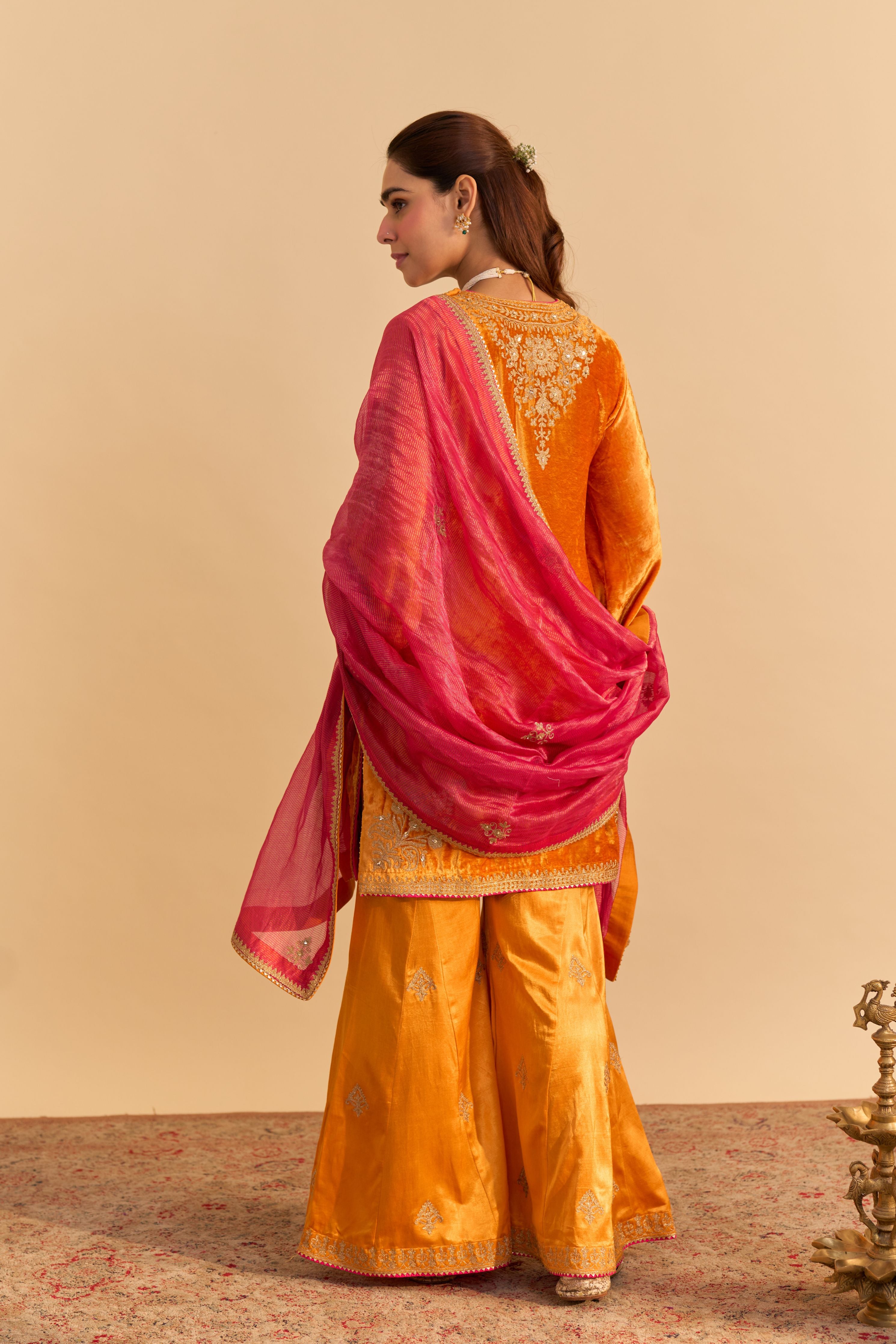 Aroob - Silk Velvet Heirloom Mustard Kurta With Sharara And Dupatta