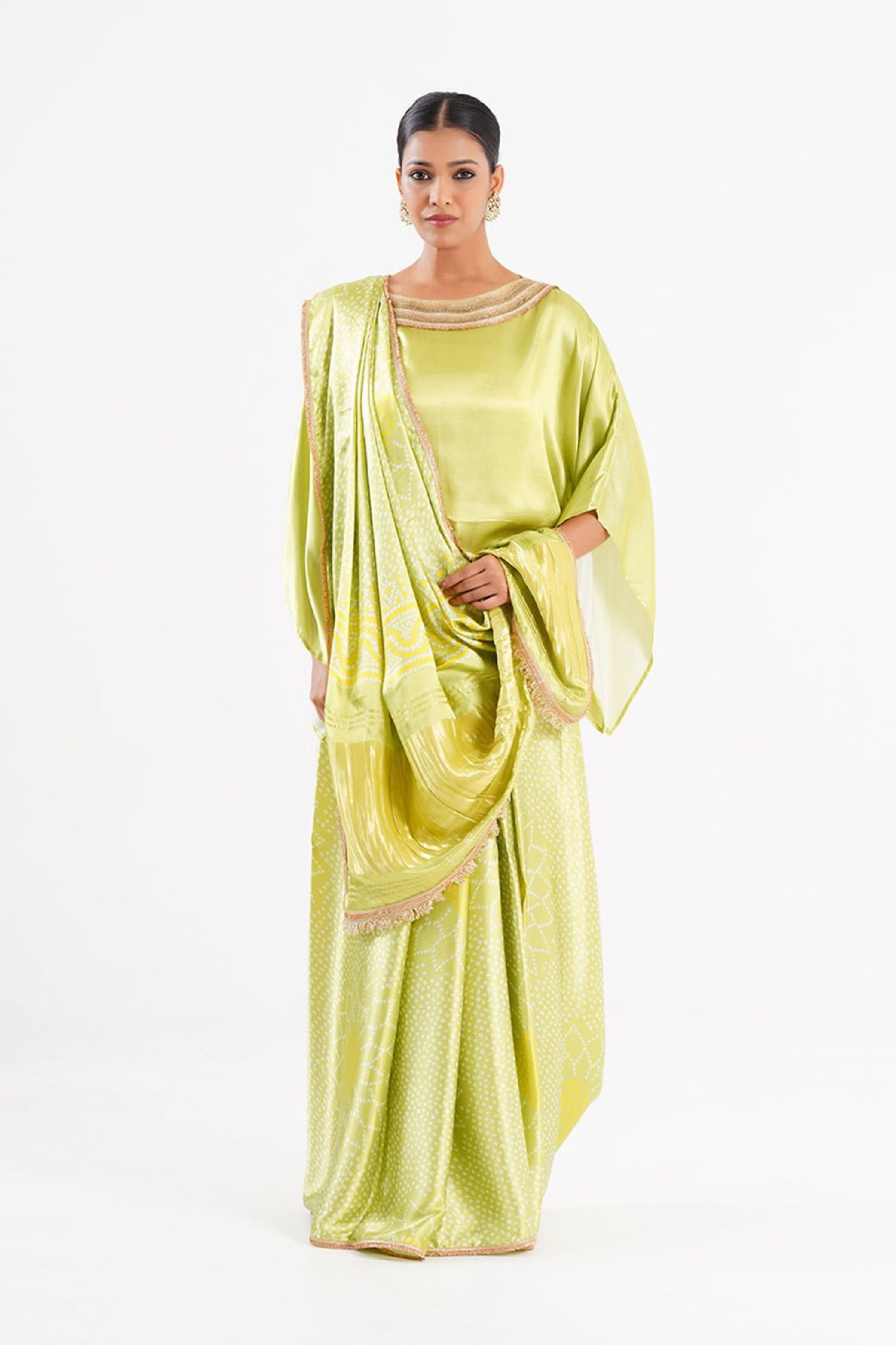 Bandhej Mixology Saree In Fresh Green & Gold