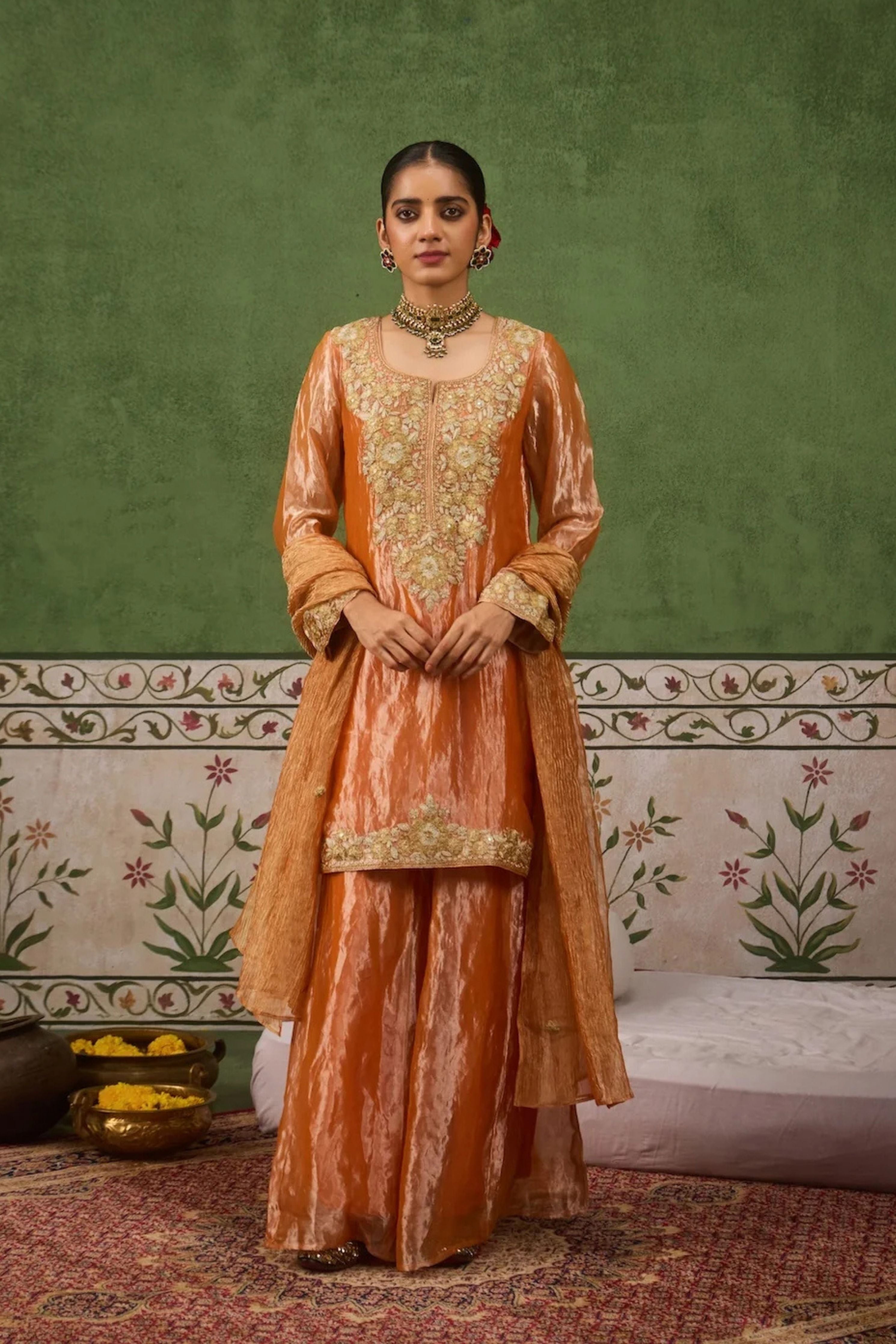 Reet Orange Tissue Sharara Set