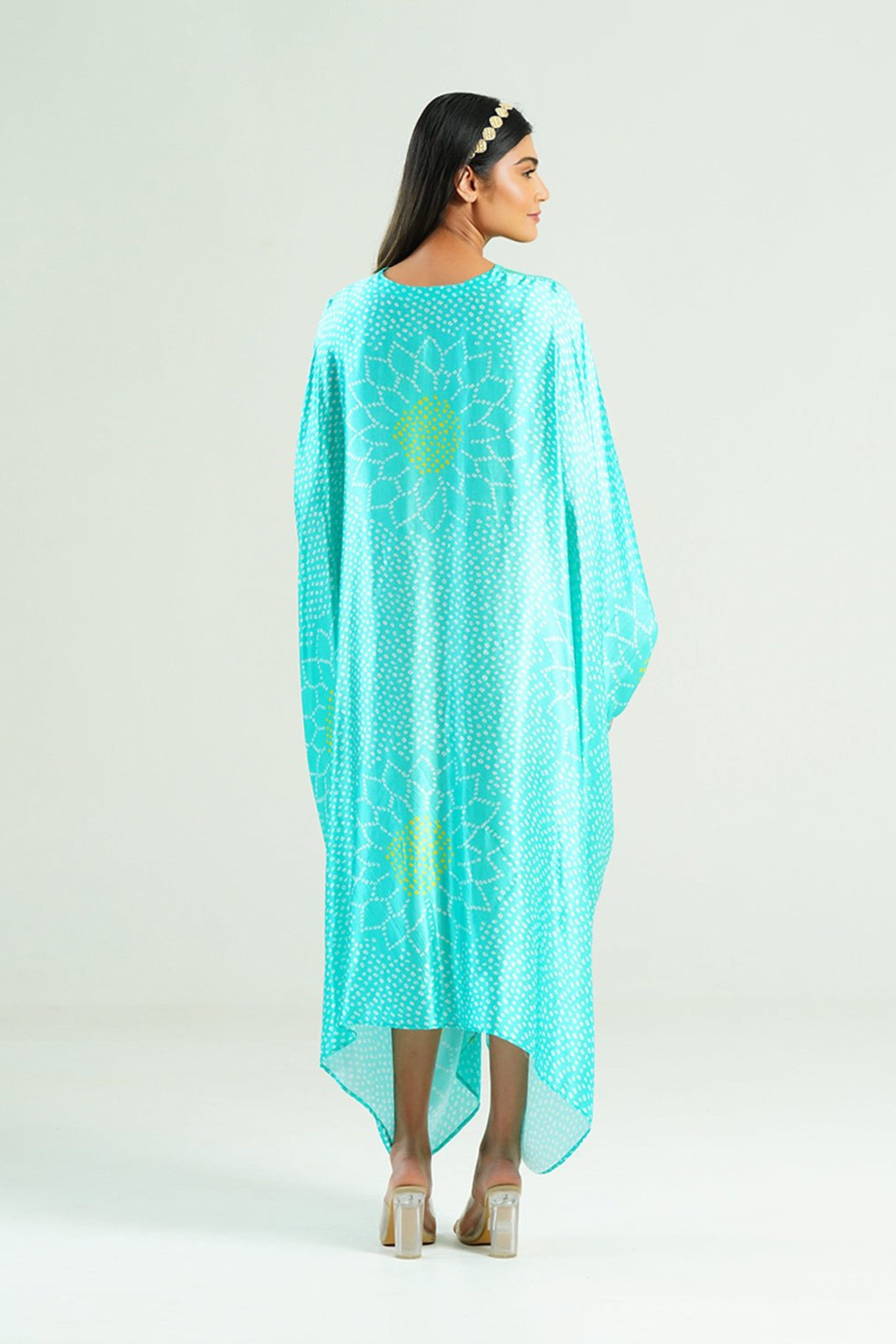 Bandhej Kaftan In Aquamarine & Gold