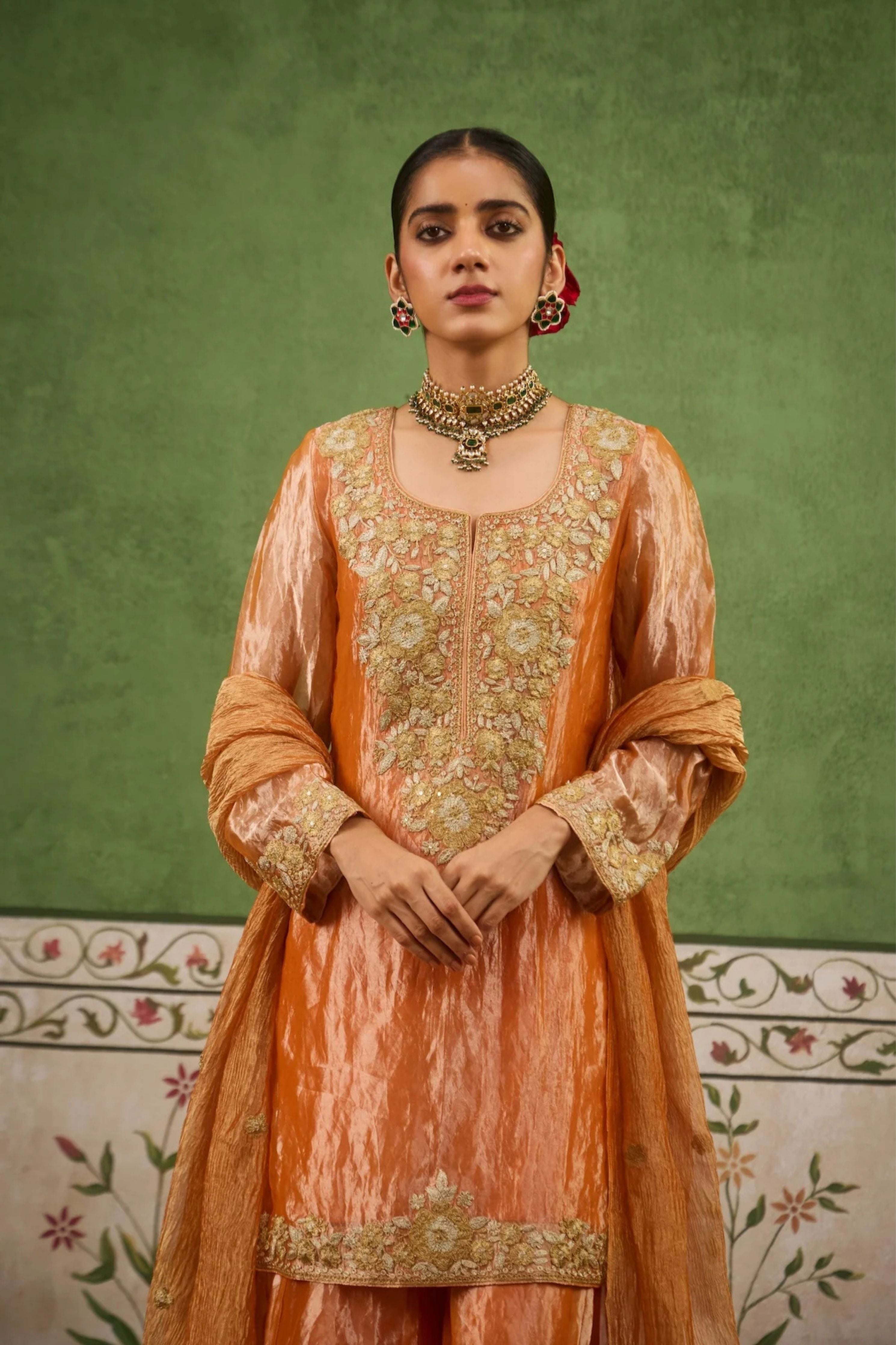 Reet Orange Tissue Sharara Set