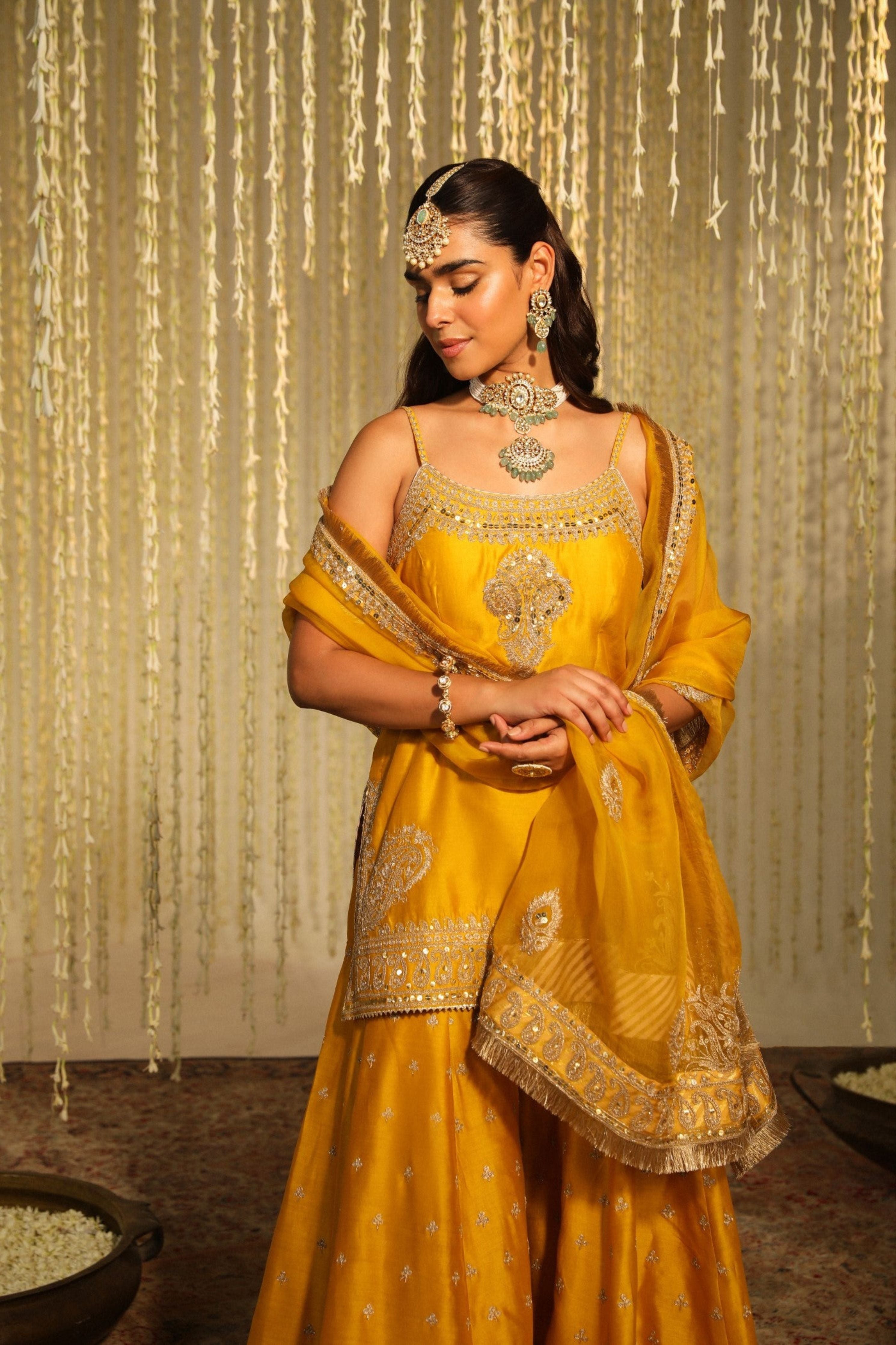 Aabroo Glaze Mustard Short Kurta With Sharara And Dupatta