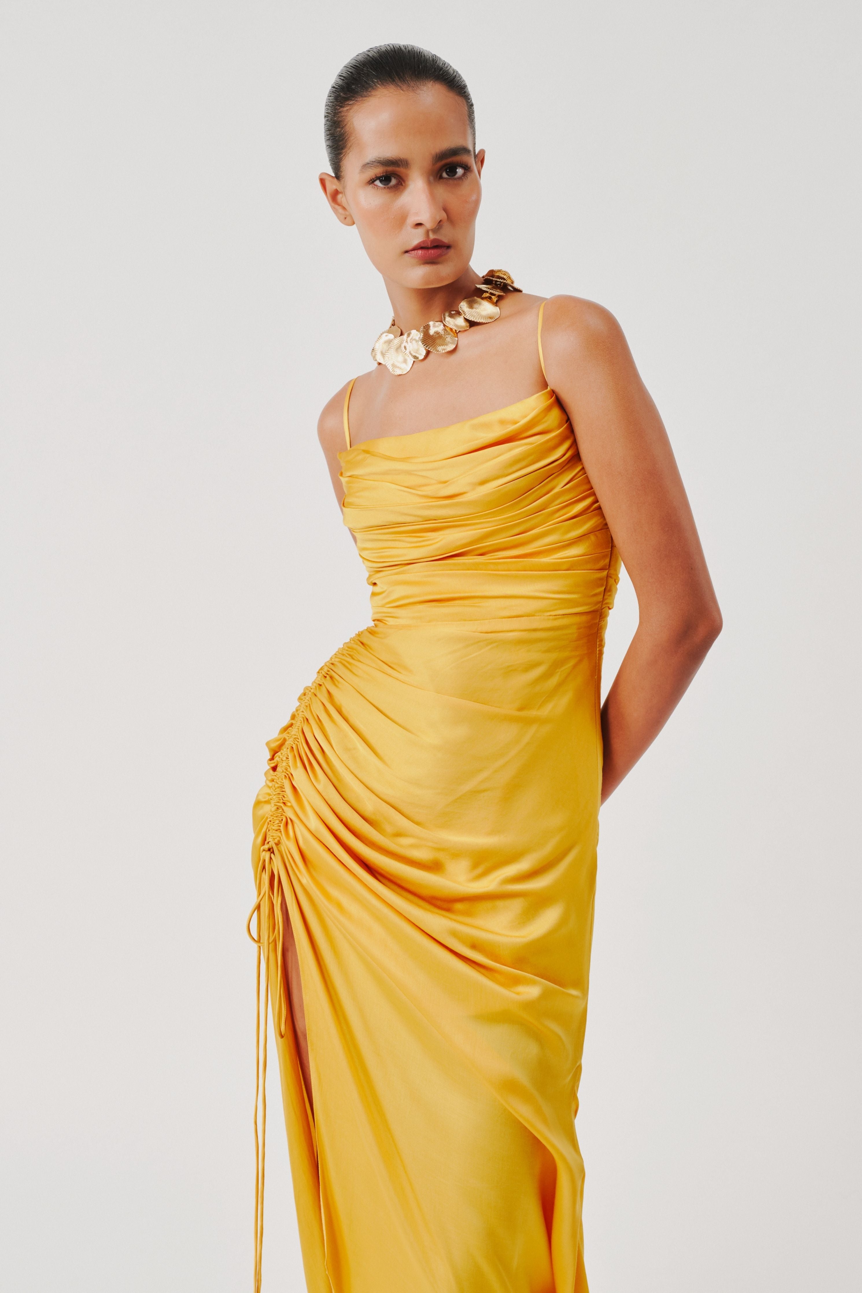 Sunny Yellow Spaghetti Drape Dress