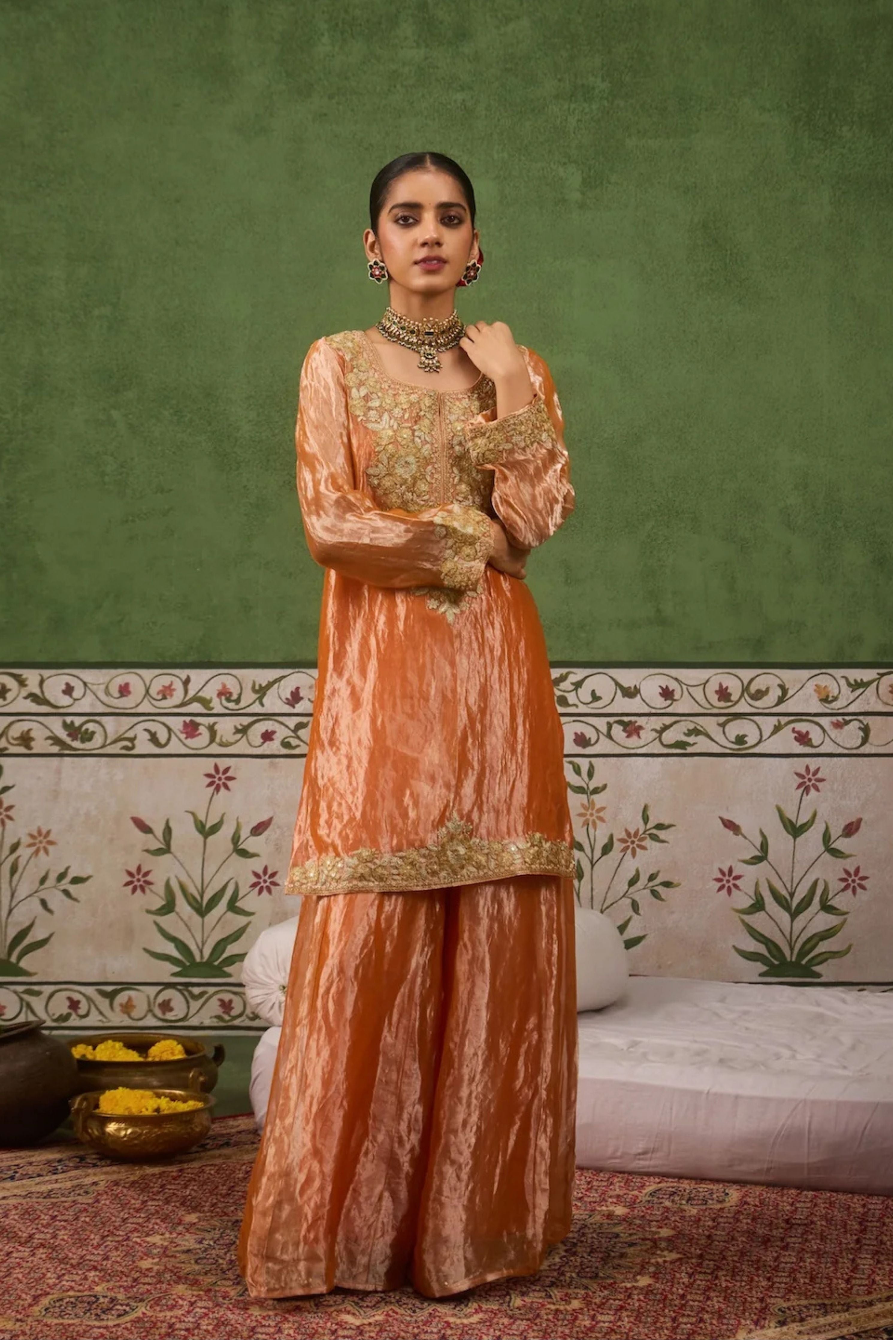 Reet Orange Tissue Sharara Set