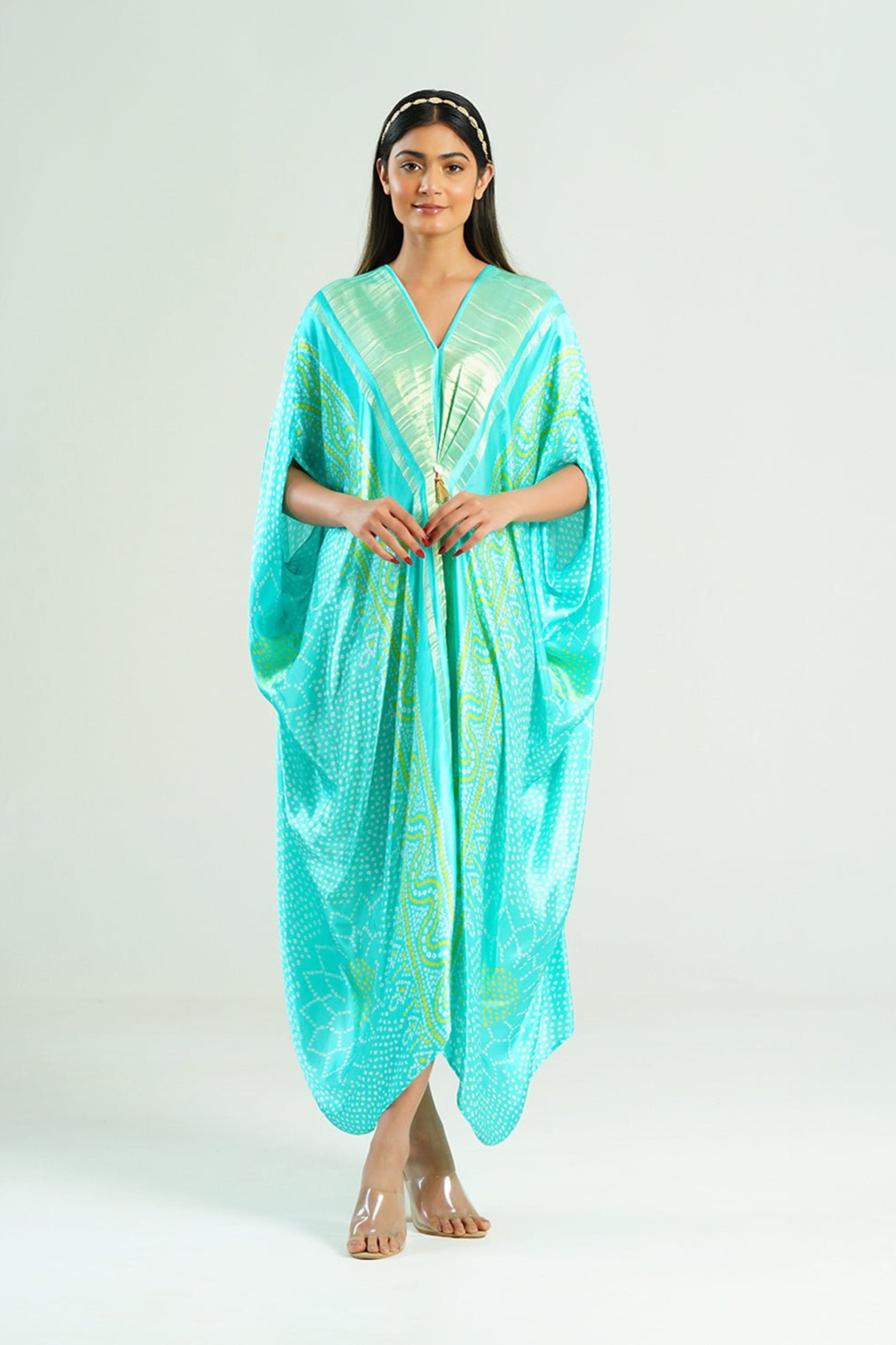 Bandhej Kaftan In Aquamarine & Gold