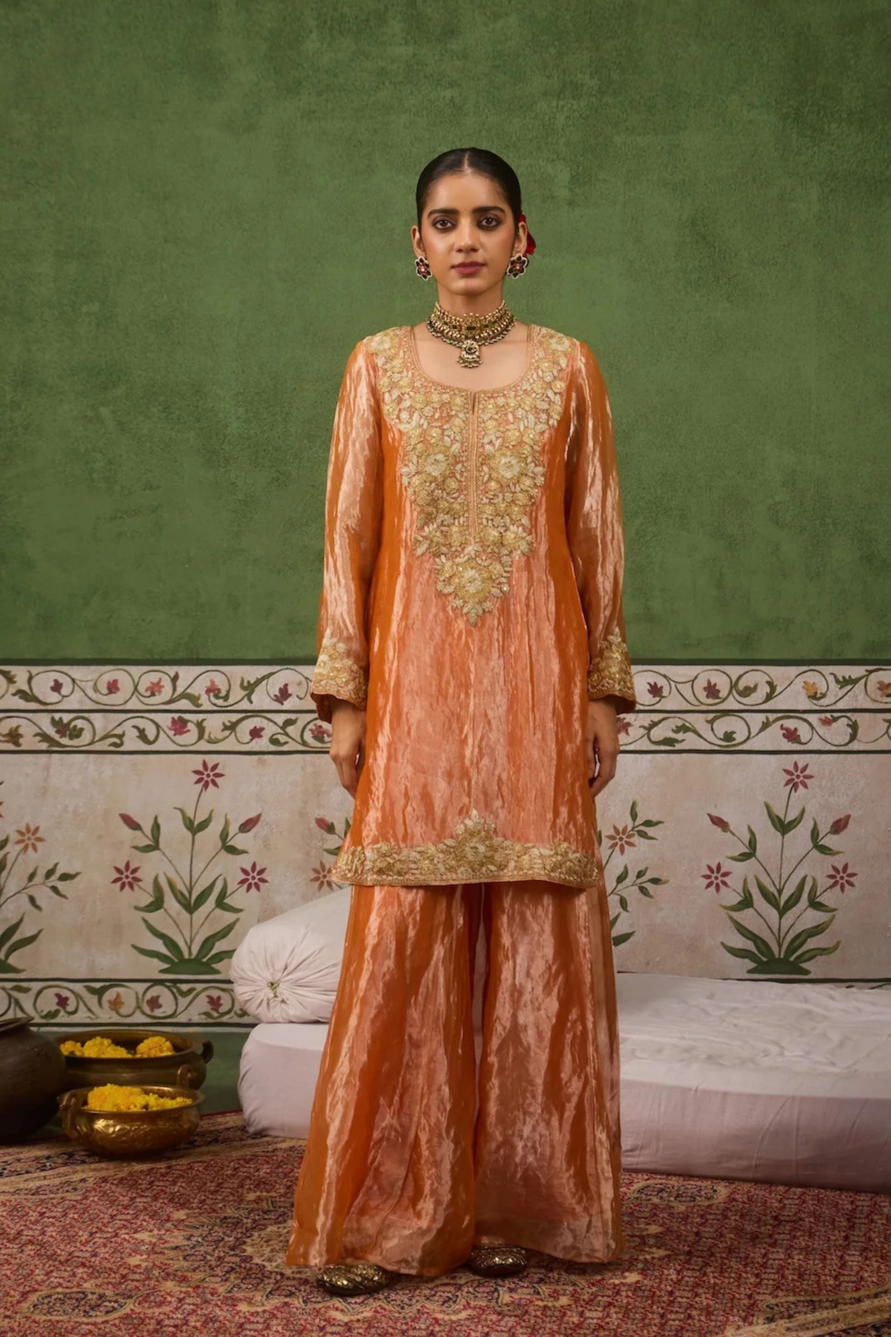 Reet Orange Tissue Sharara Set