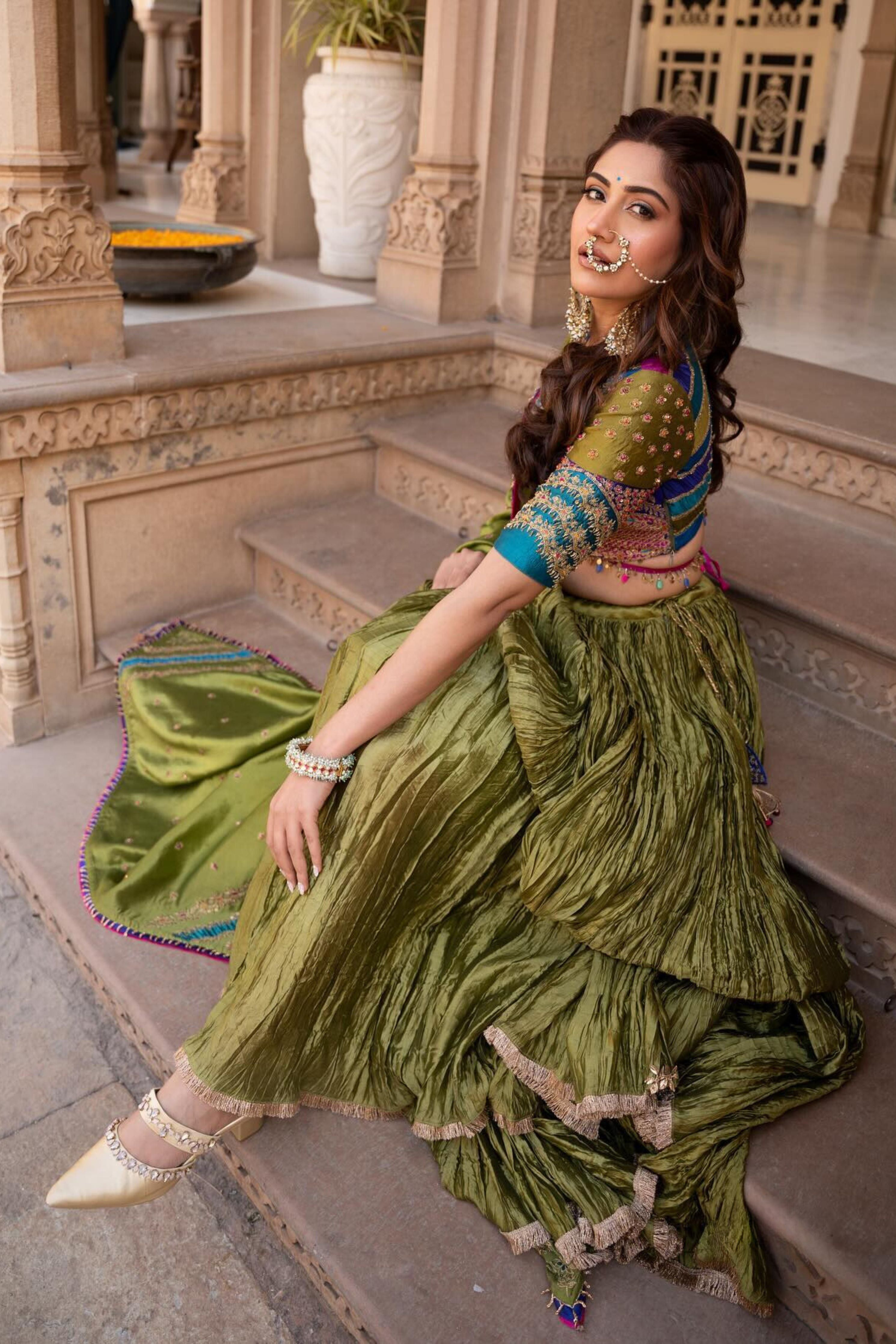 Surbhi Chandna In Multi Colour Bird Embroidered Crushed Lehenga