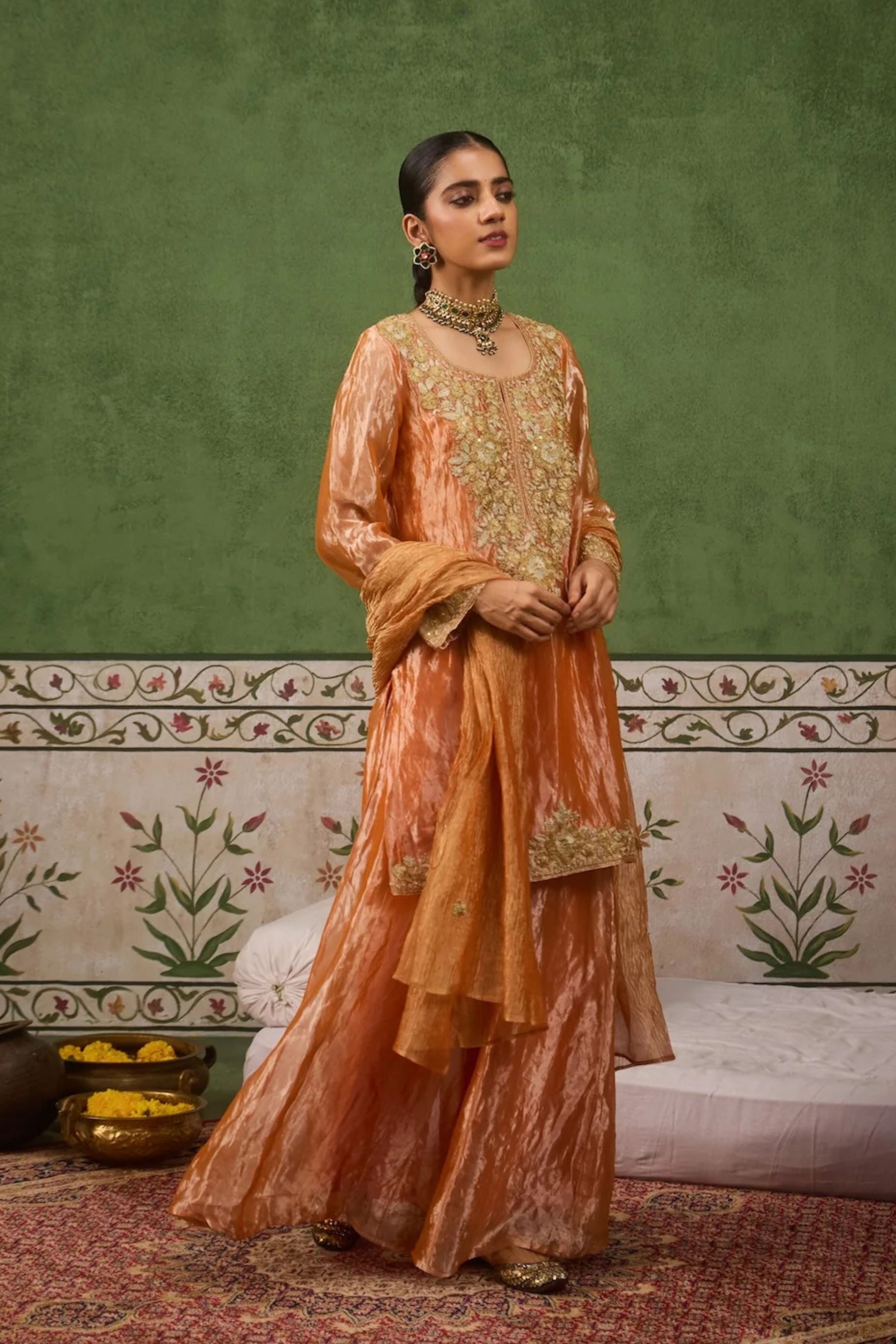 Reet Orange Tissue Sharara Set