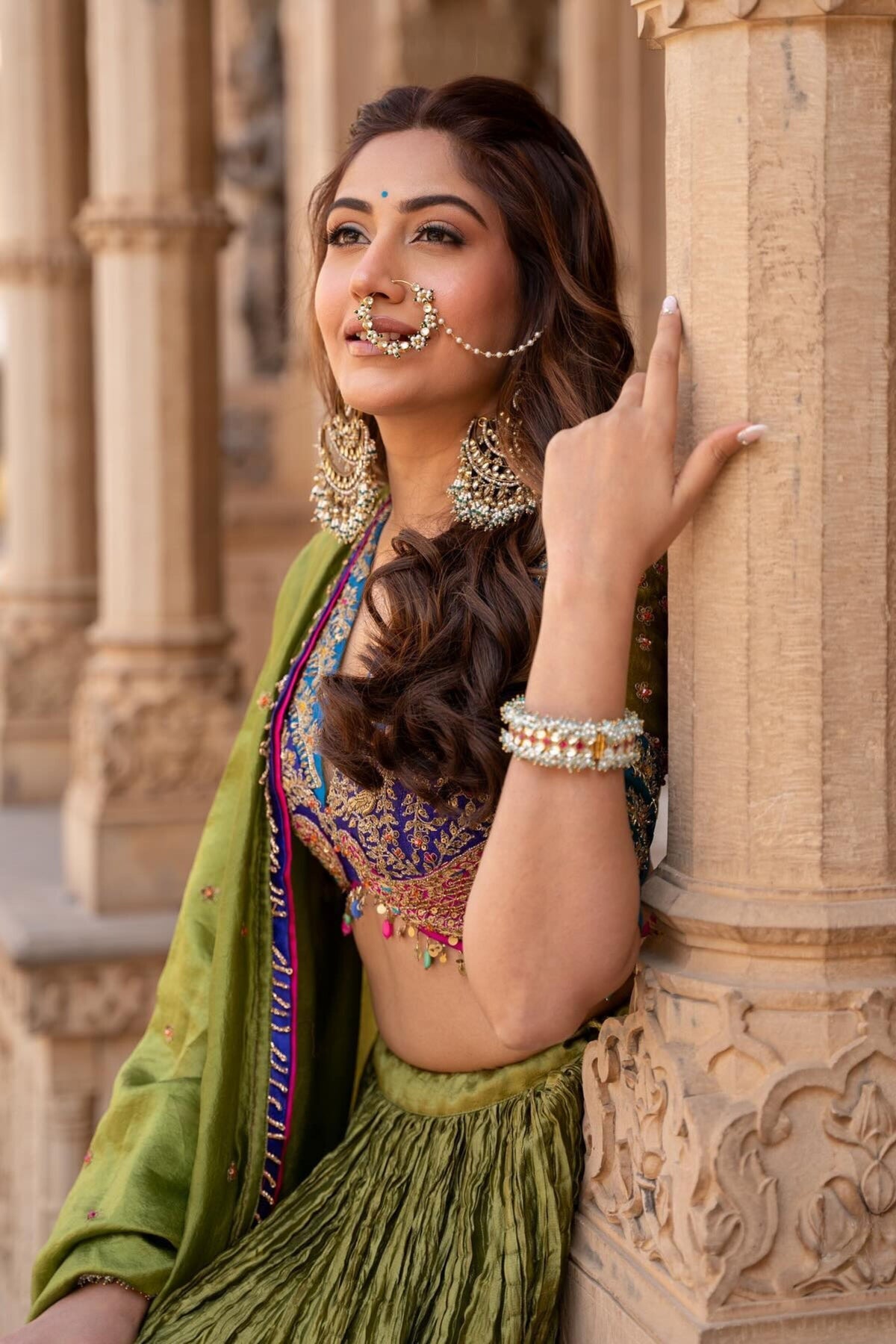 Surbhi Chandna In Multi Colour Bird Embroidered Crushed Lehenga