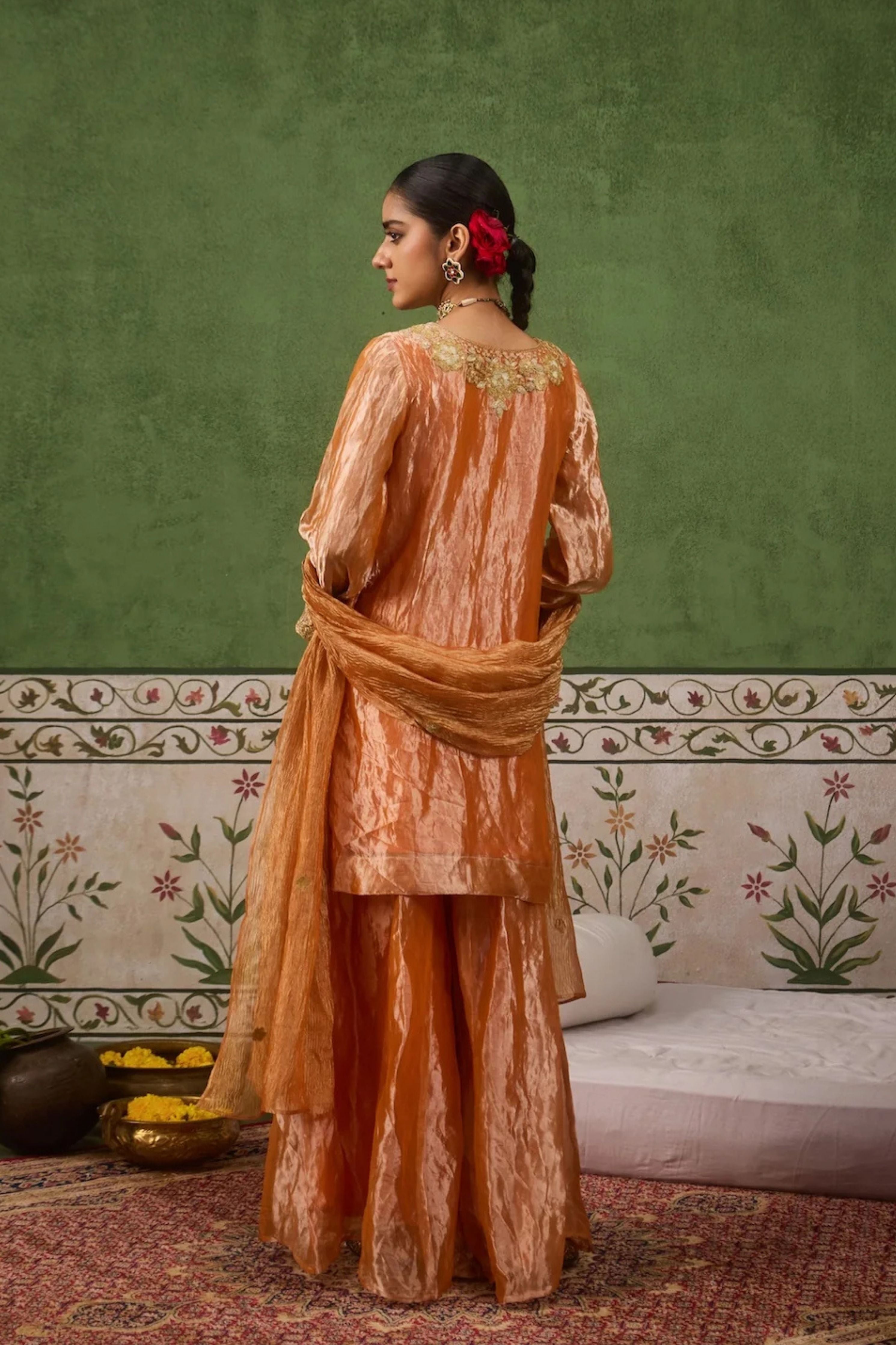 Reet Orange Tissue Sharara Set