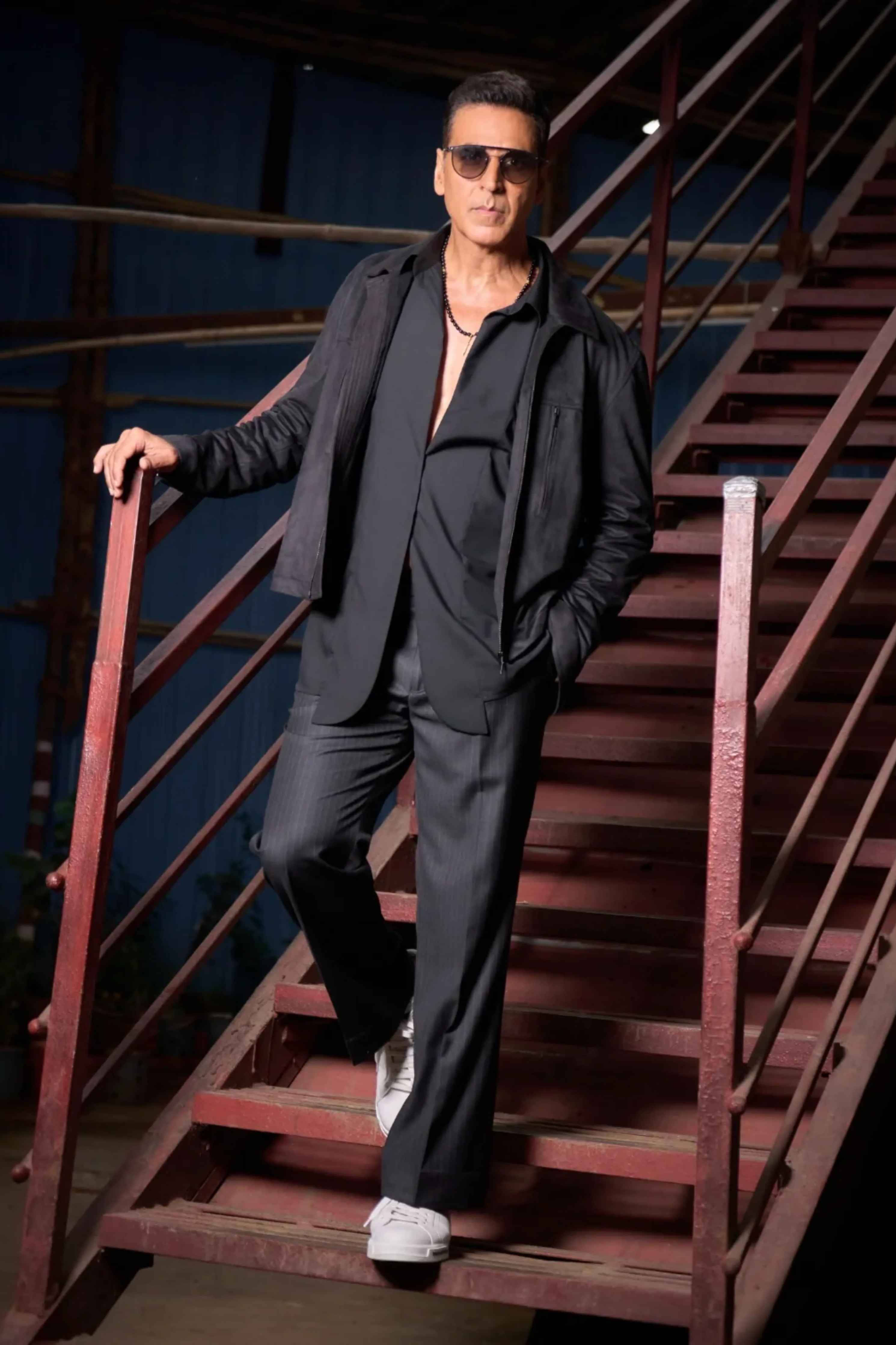 Akshay Kumar in Black Suede Biker Jacket with Stretch Shirt and Trousers