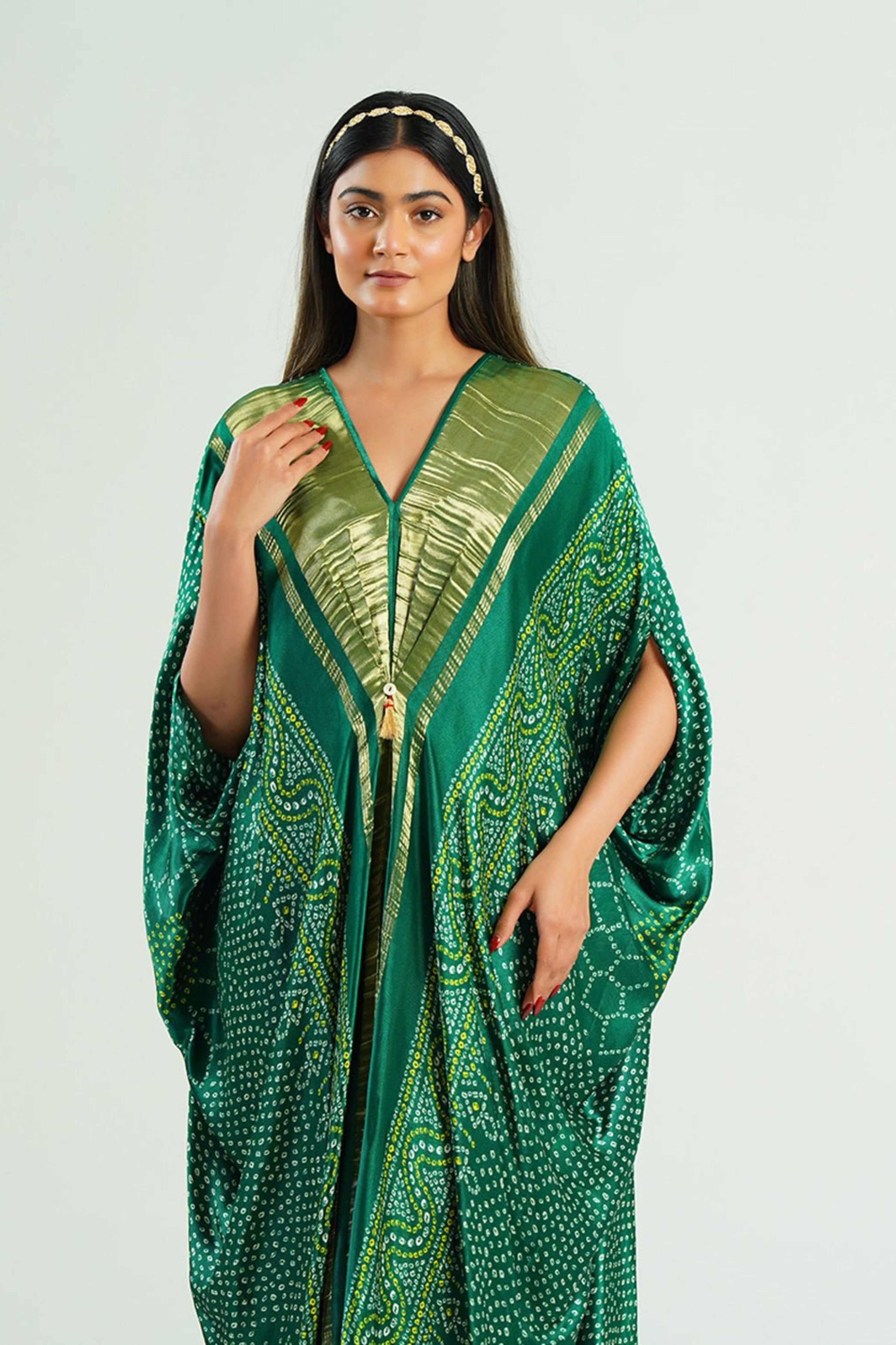 Kaftan Bandhej  Emerald Green Gold