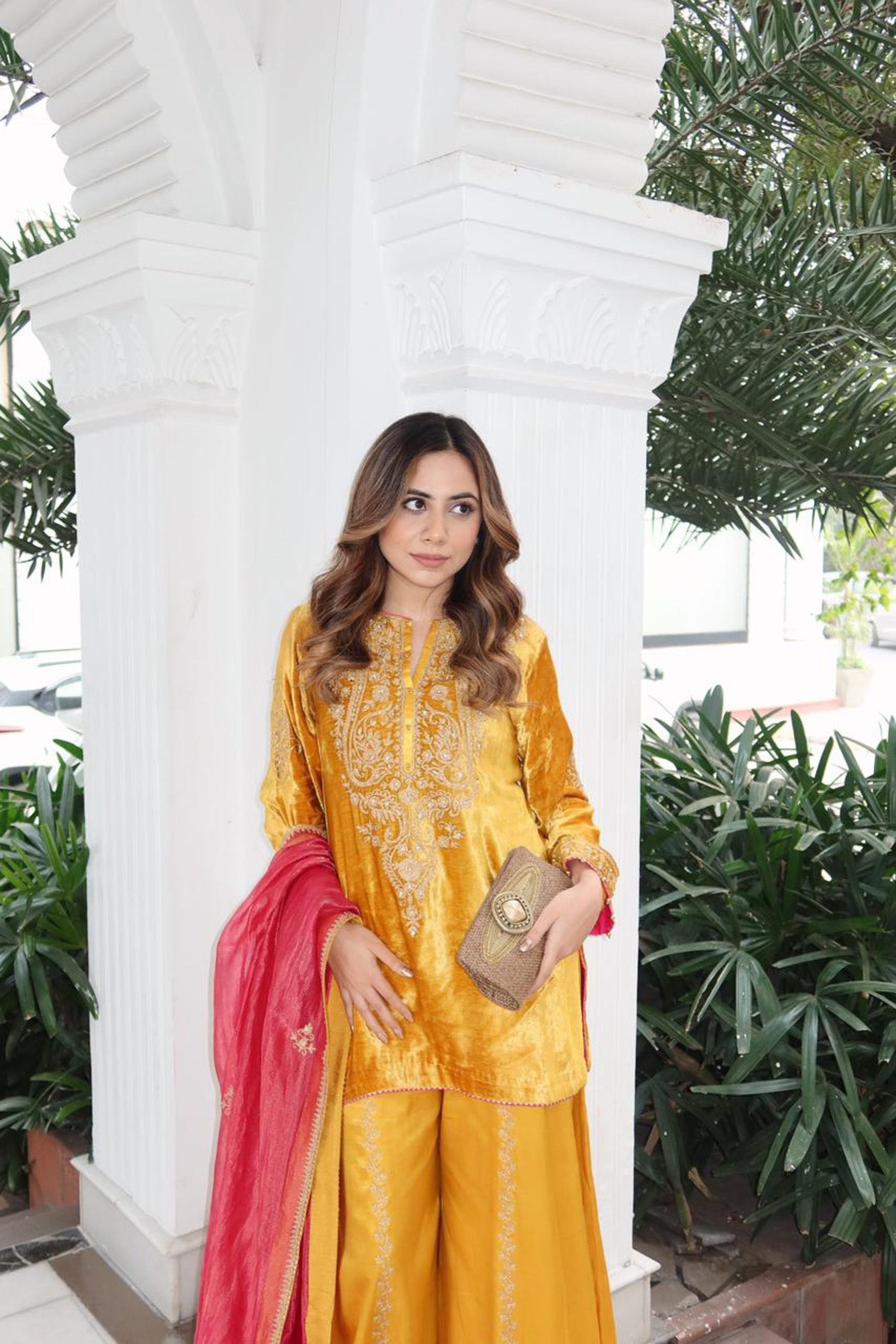 Aroob - Silk Velvet Heirloom Mustard Kurta With Sharara And Dupatta