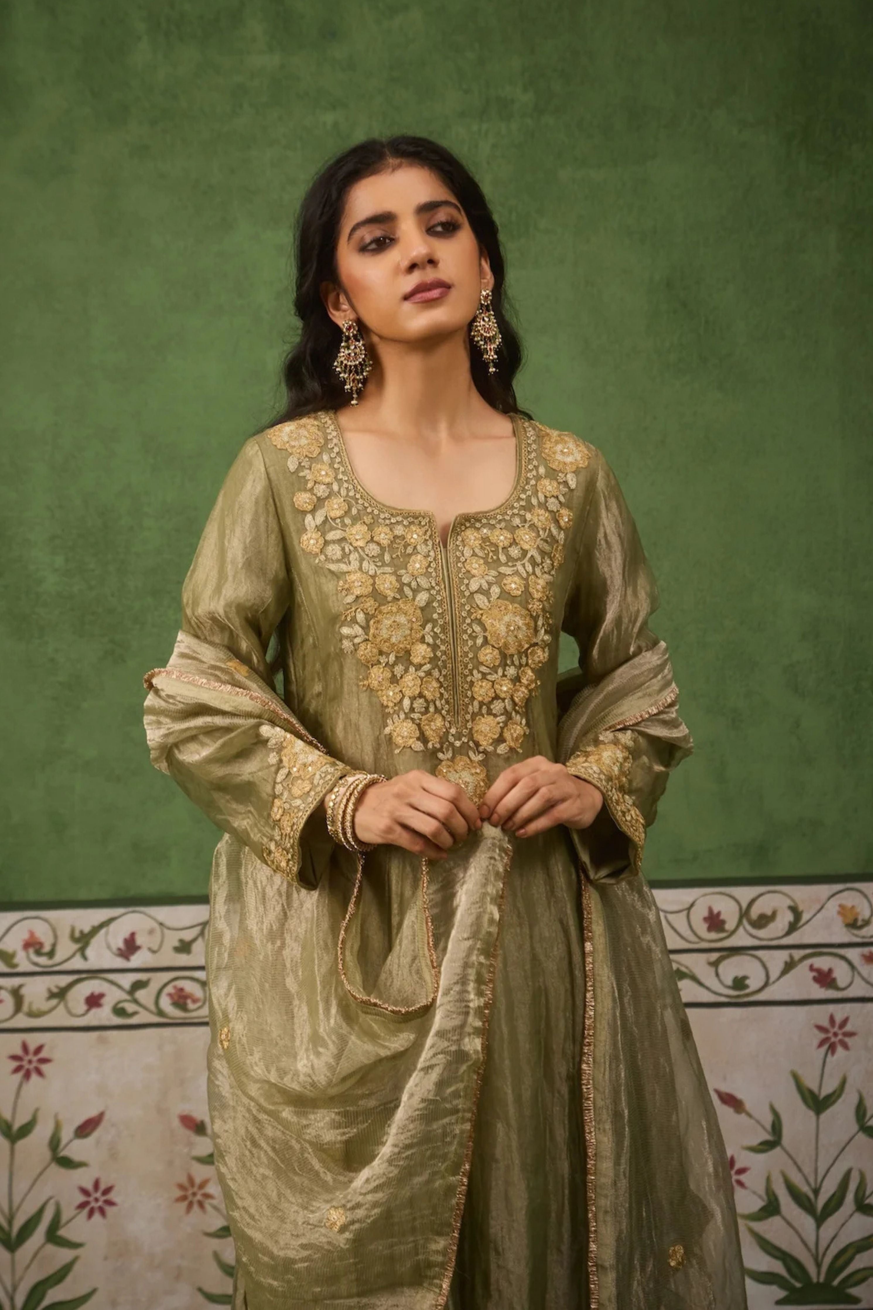 Reet Sage Green Tissue Anarkali Kurta Set