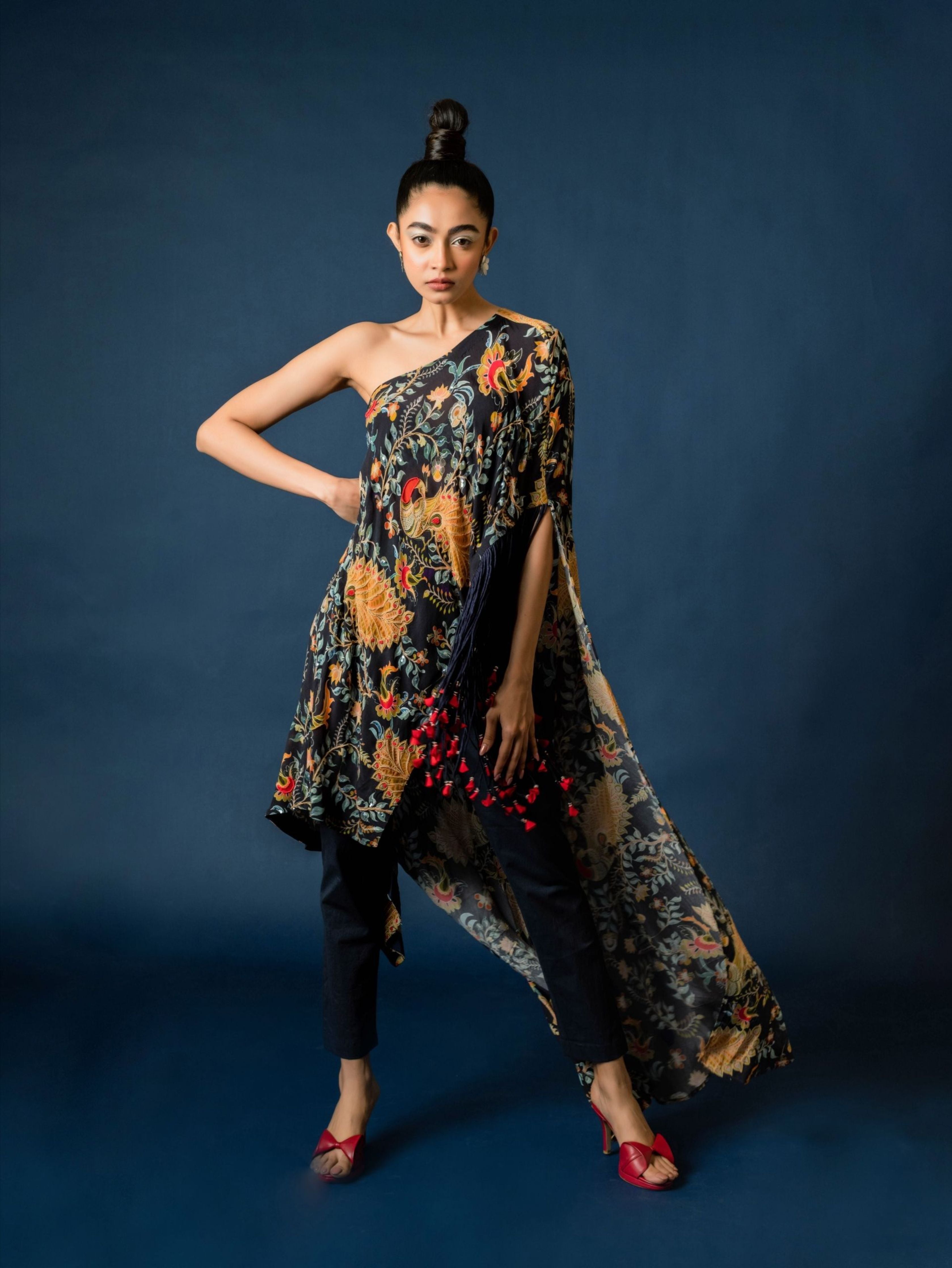 Printed One Shoulder Cape With Pants And Bustier