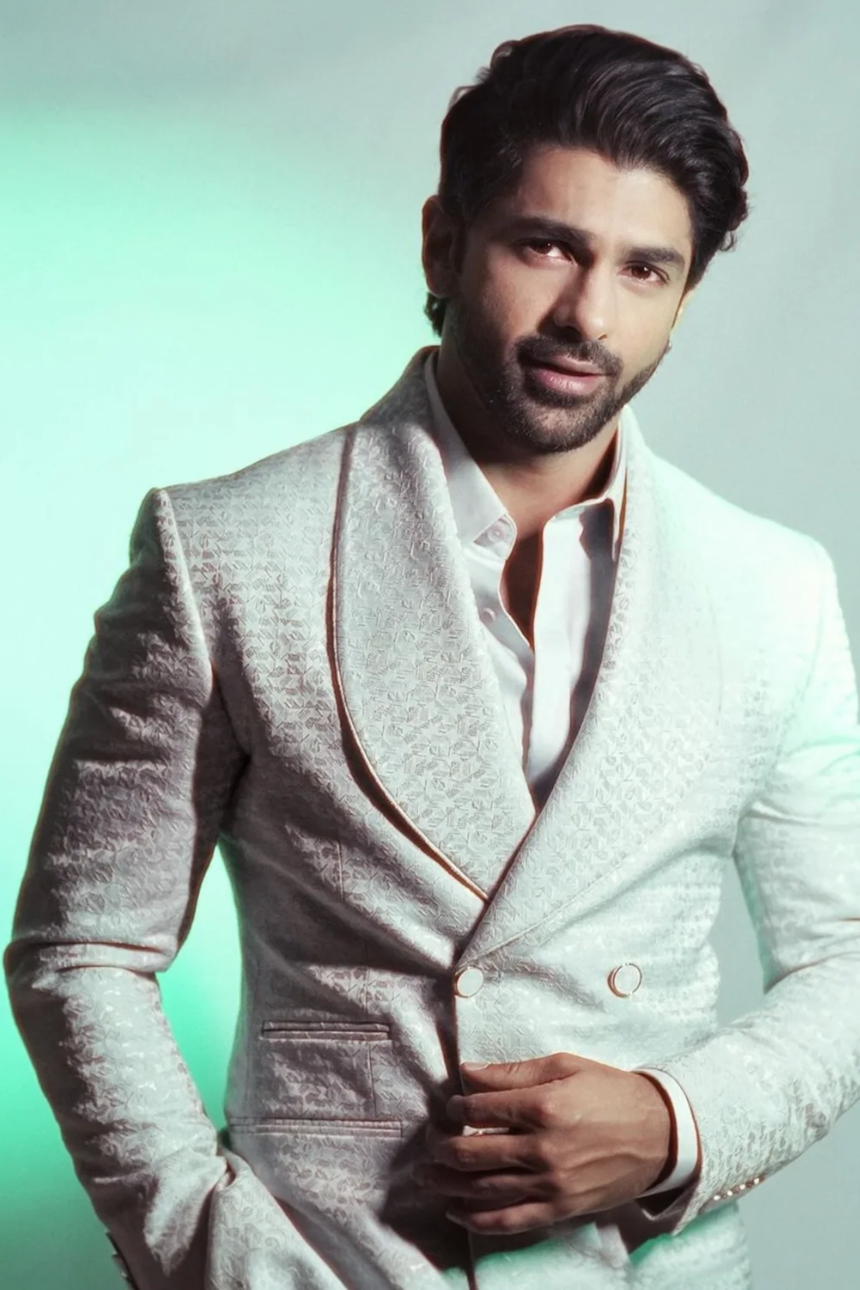 Taaha Shah in Silver Sterling Shawl Lapel Tuxedo Set