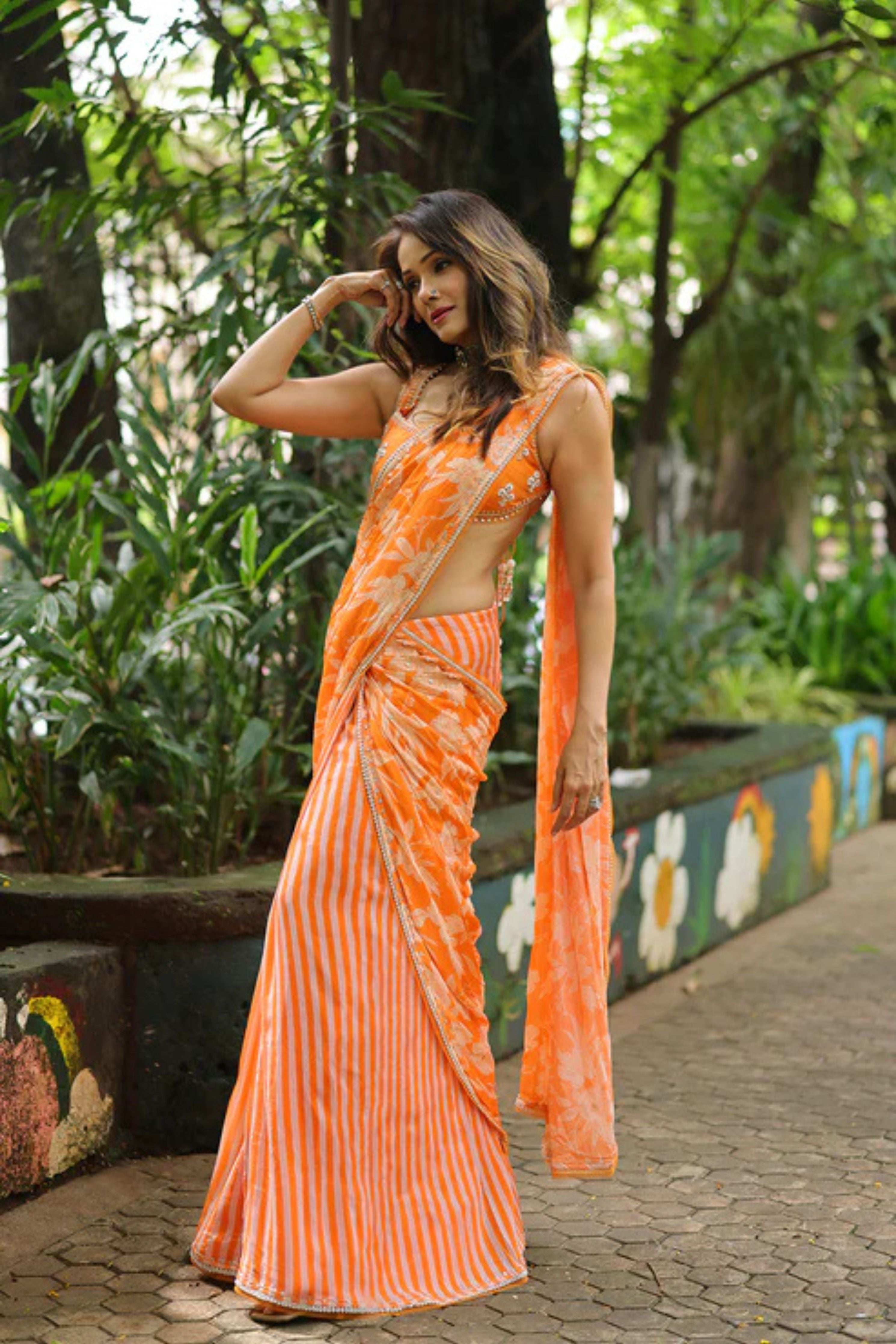Vidya Malavde In Orange Chiffon Draped Saree Set