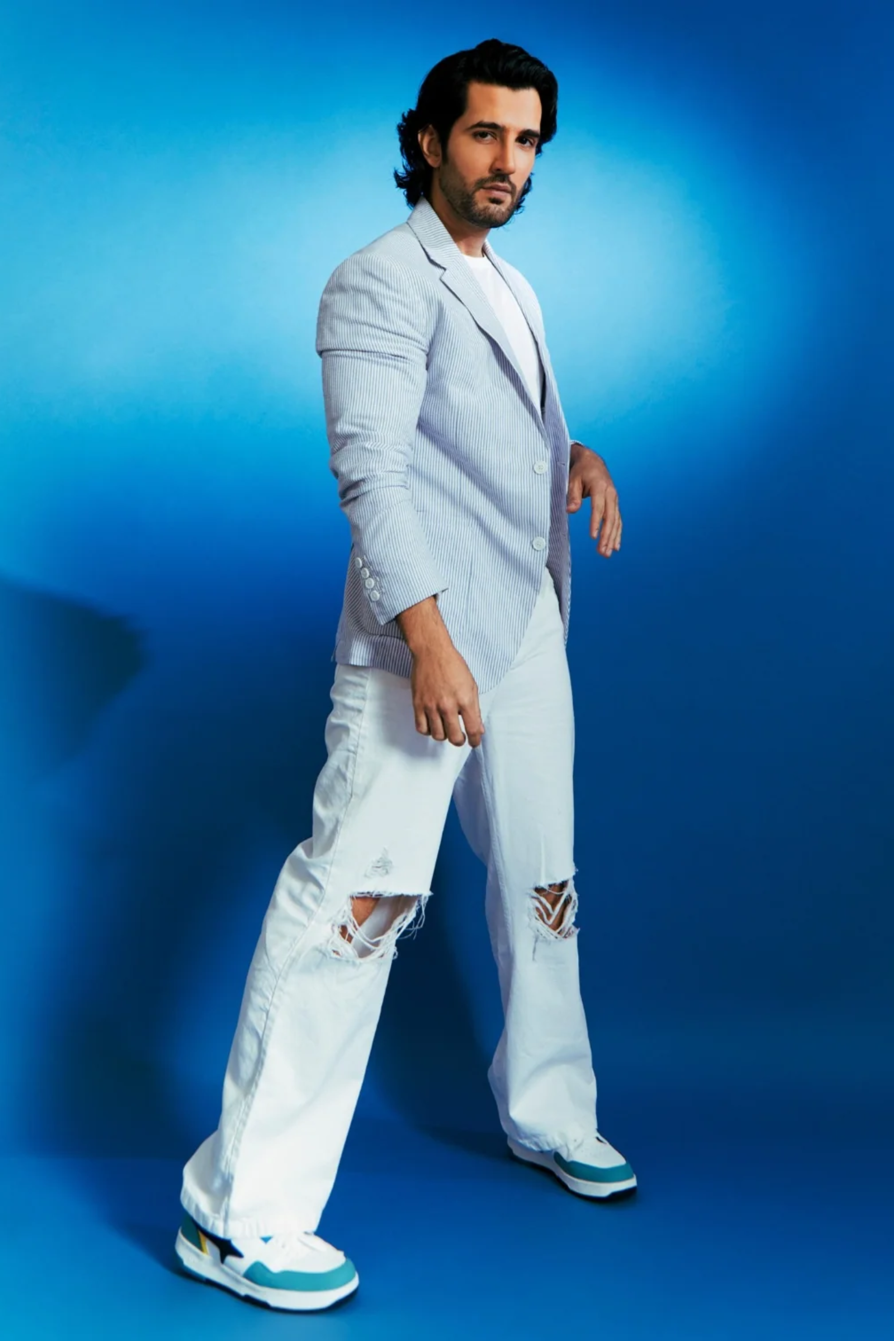 Aditya Seal in Sky Blue Seersucker Blazer