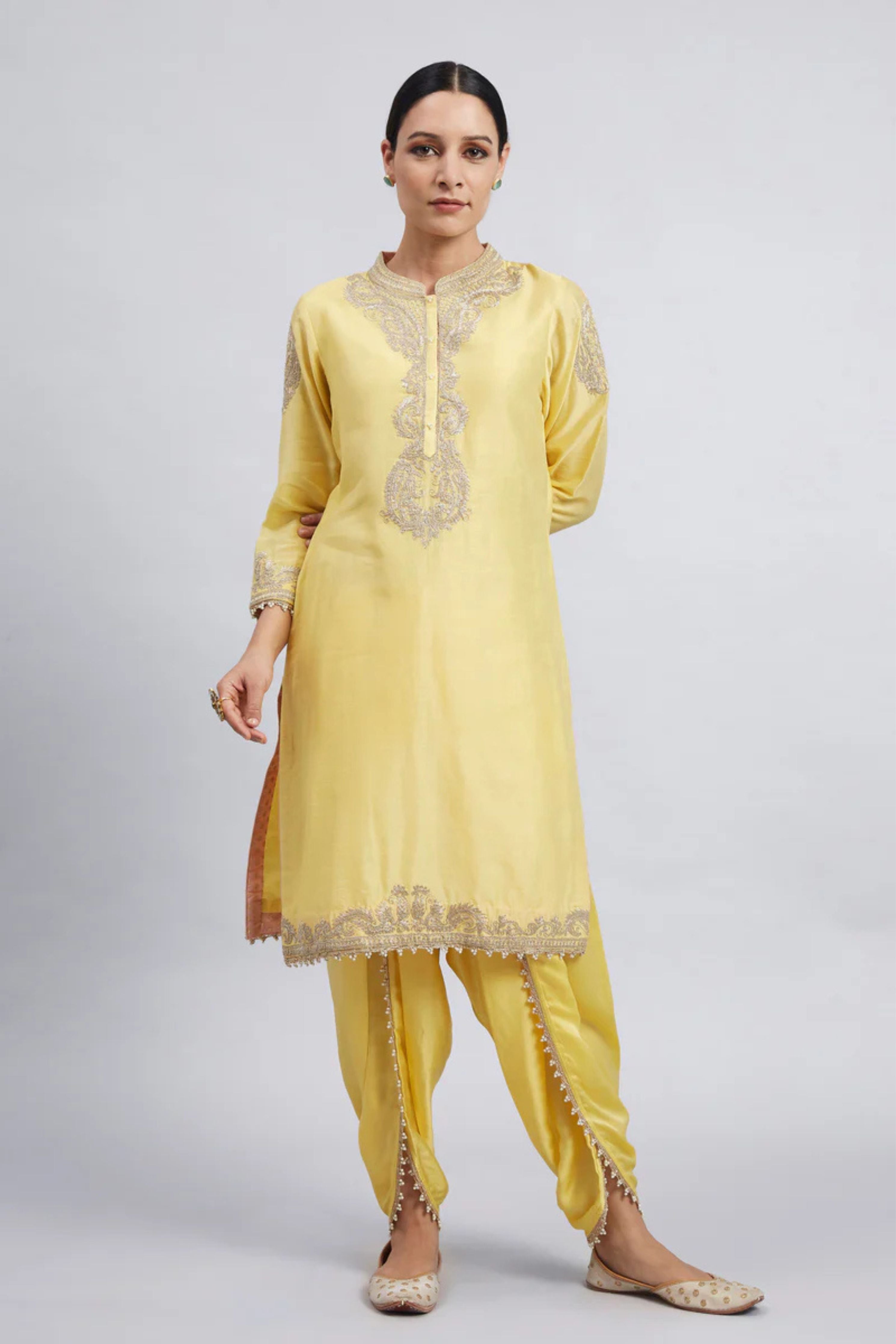 Aabisah Daffodil Yellow Embroidered Kurta With Dhoti