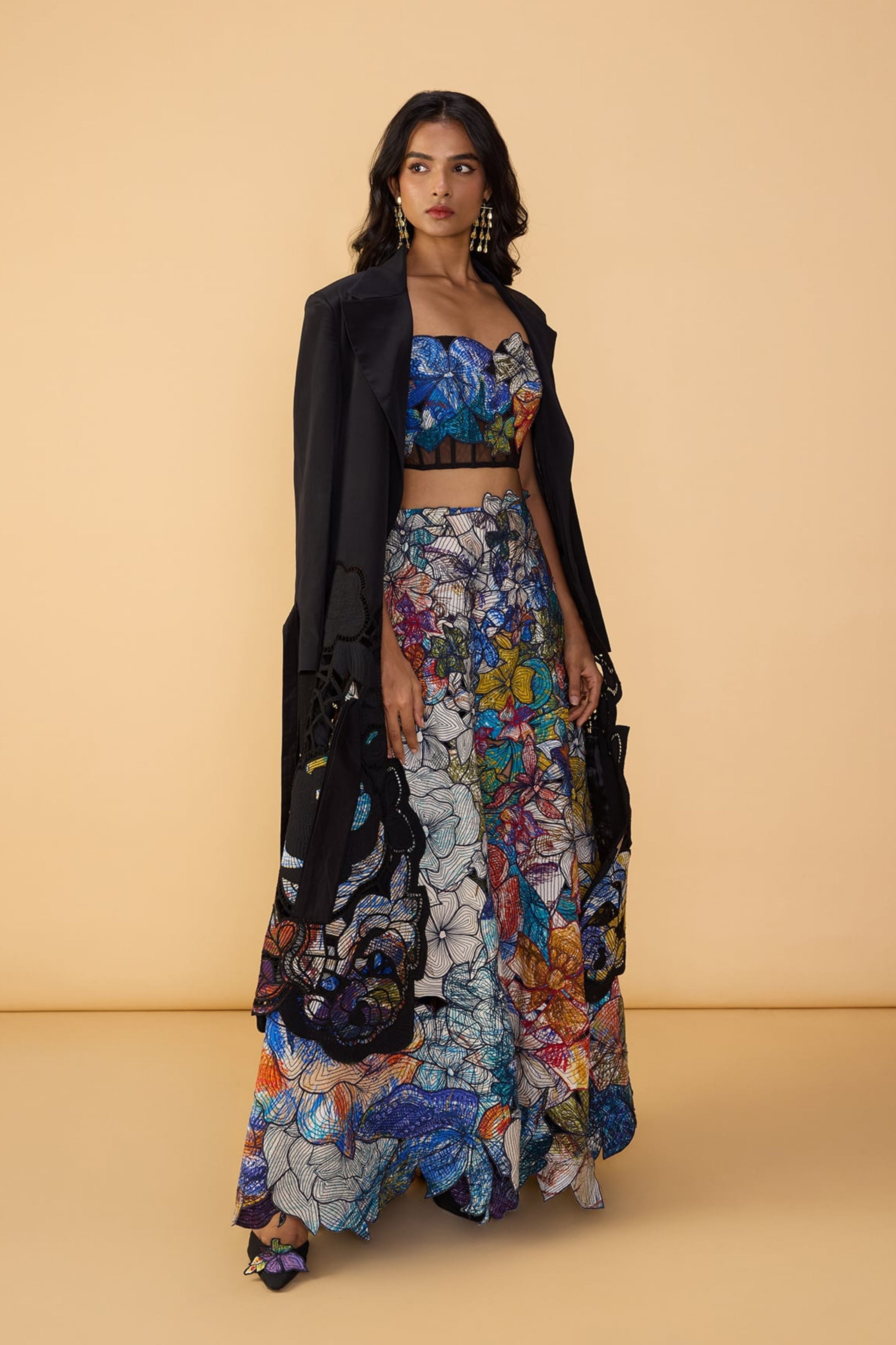 Denzel Trench With Larissa Corset Blouse & Zoya Lehenga Skirt